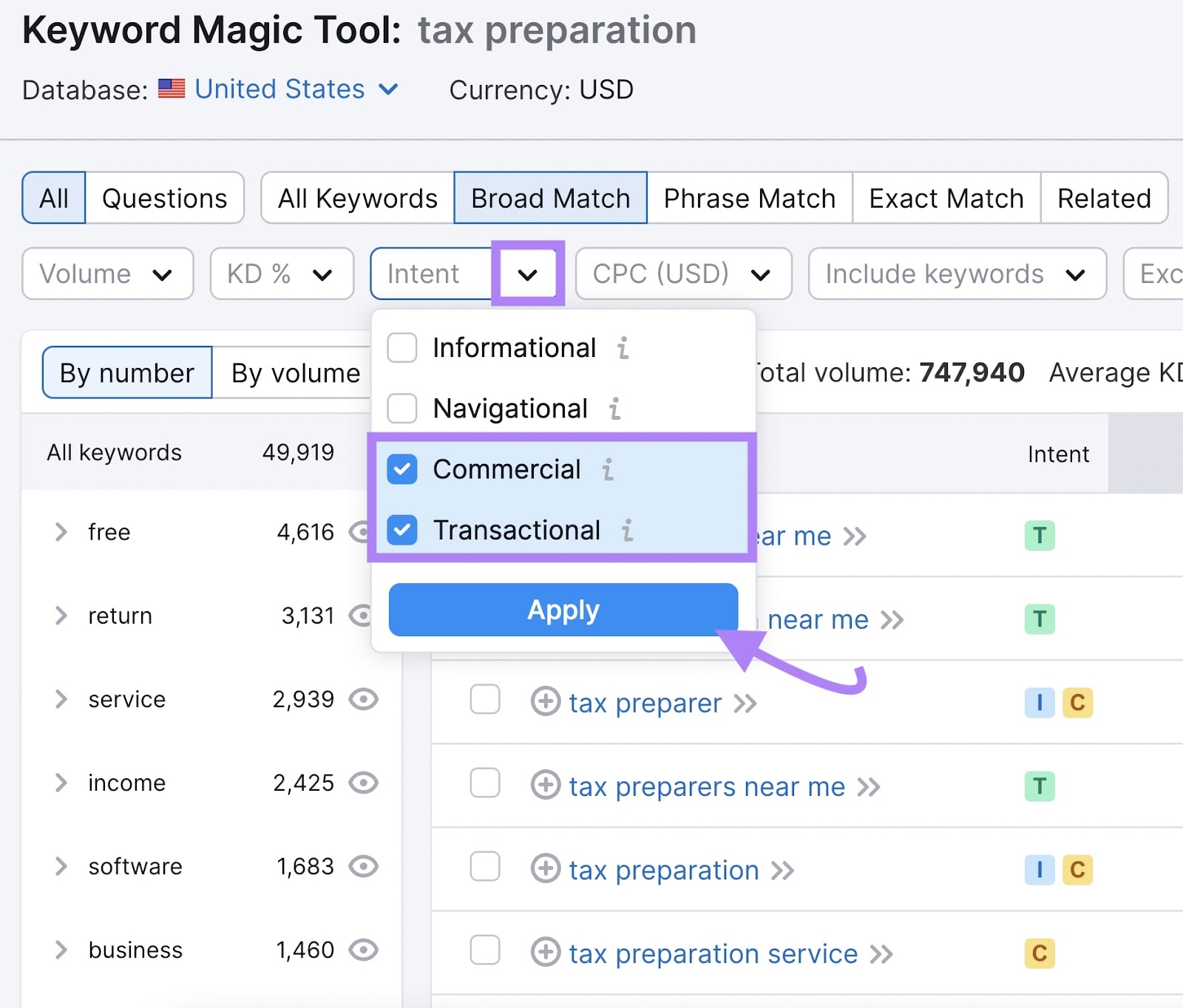 Using the Keyword Magic tool to highlight keywords related to 'tax preparation' with commercial and transactional intent