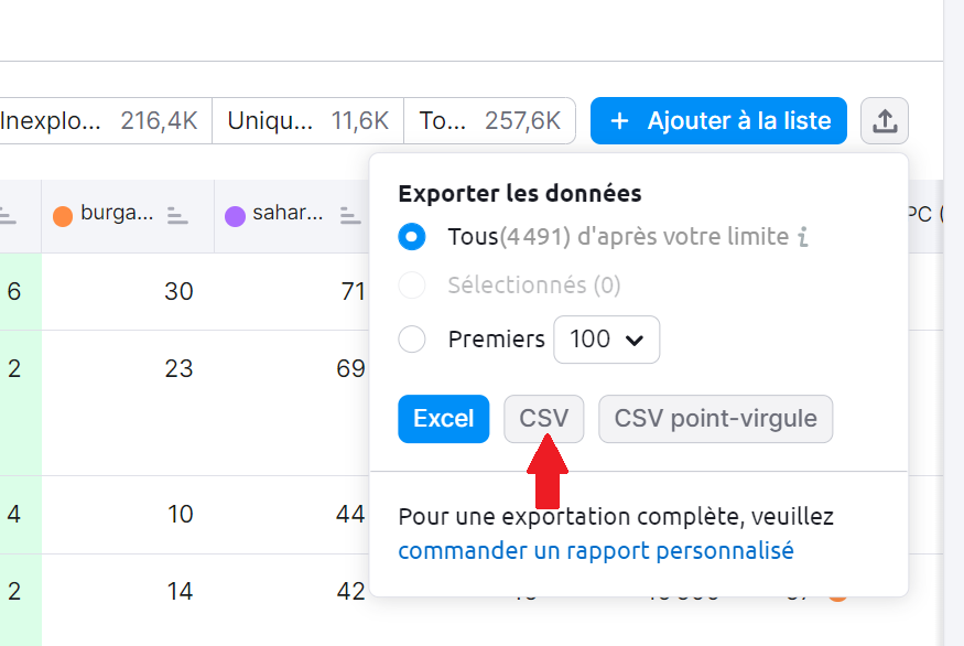 Possibilités de mots clés, Exporter les données en CSV