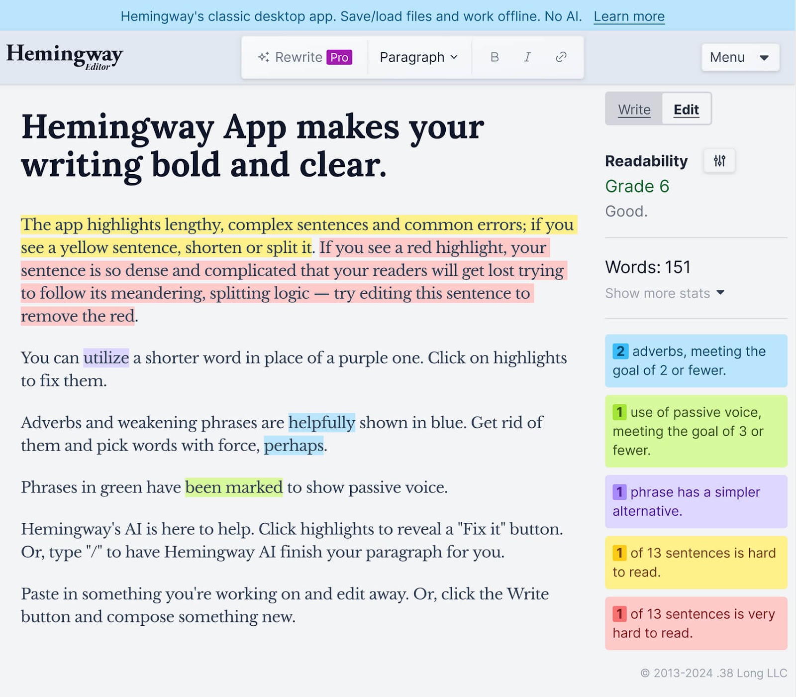Hemingway editor with color-coded highlights