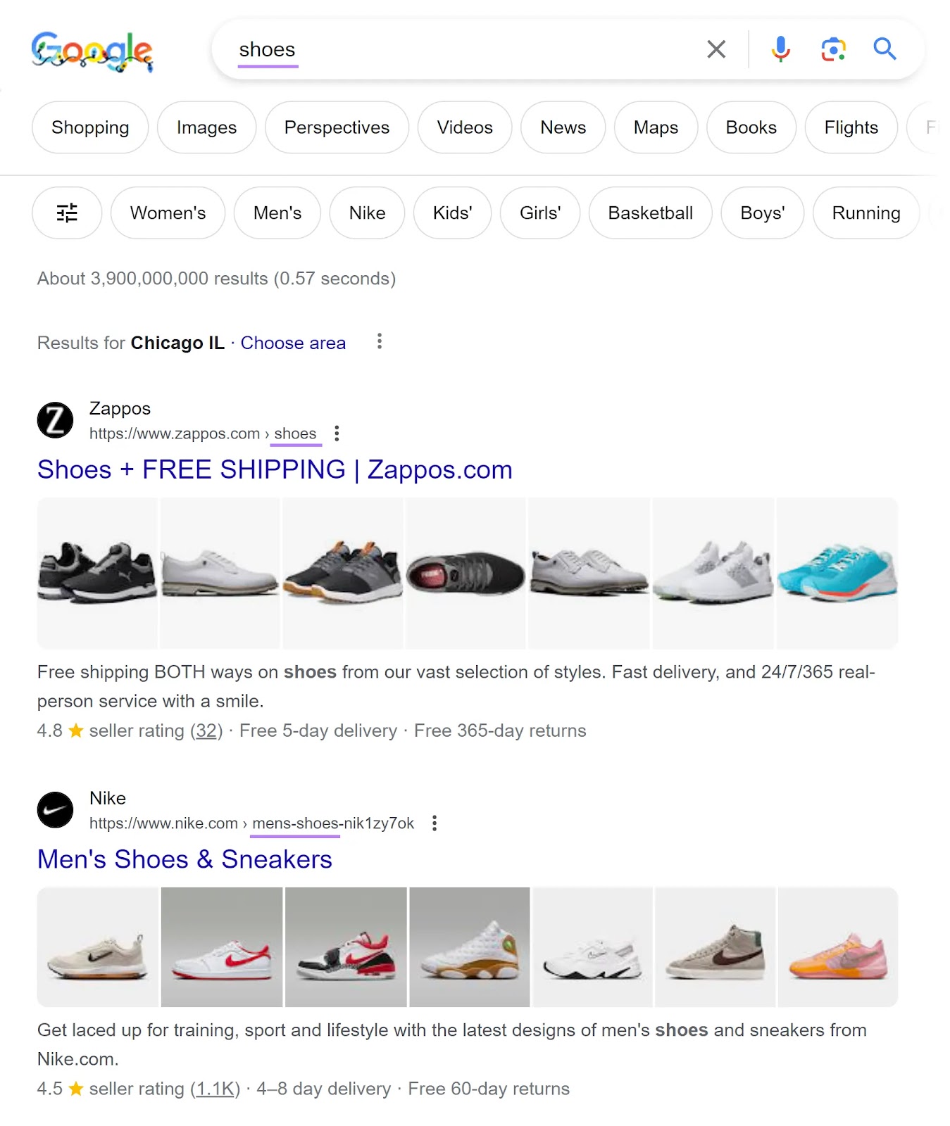 Google's SERP for "shoes" with class  pages highlighted successful  the results