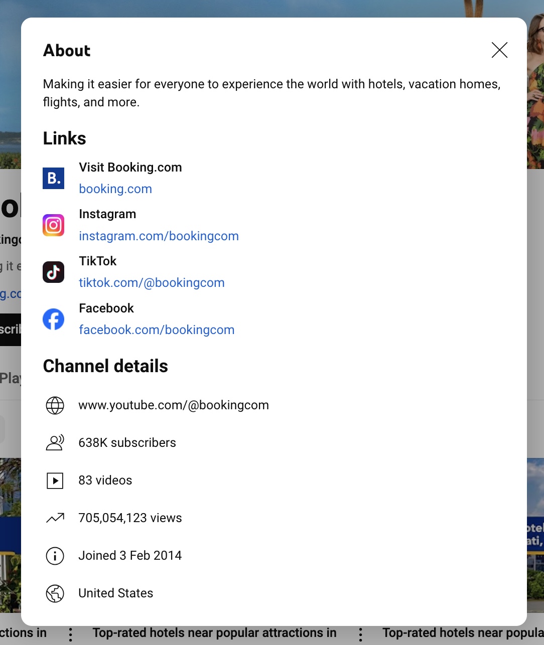 "About" section on the Youtube channel of Booking.com showing links to other content channels like their website, Instagram, TikTok, and Facebook.