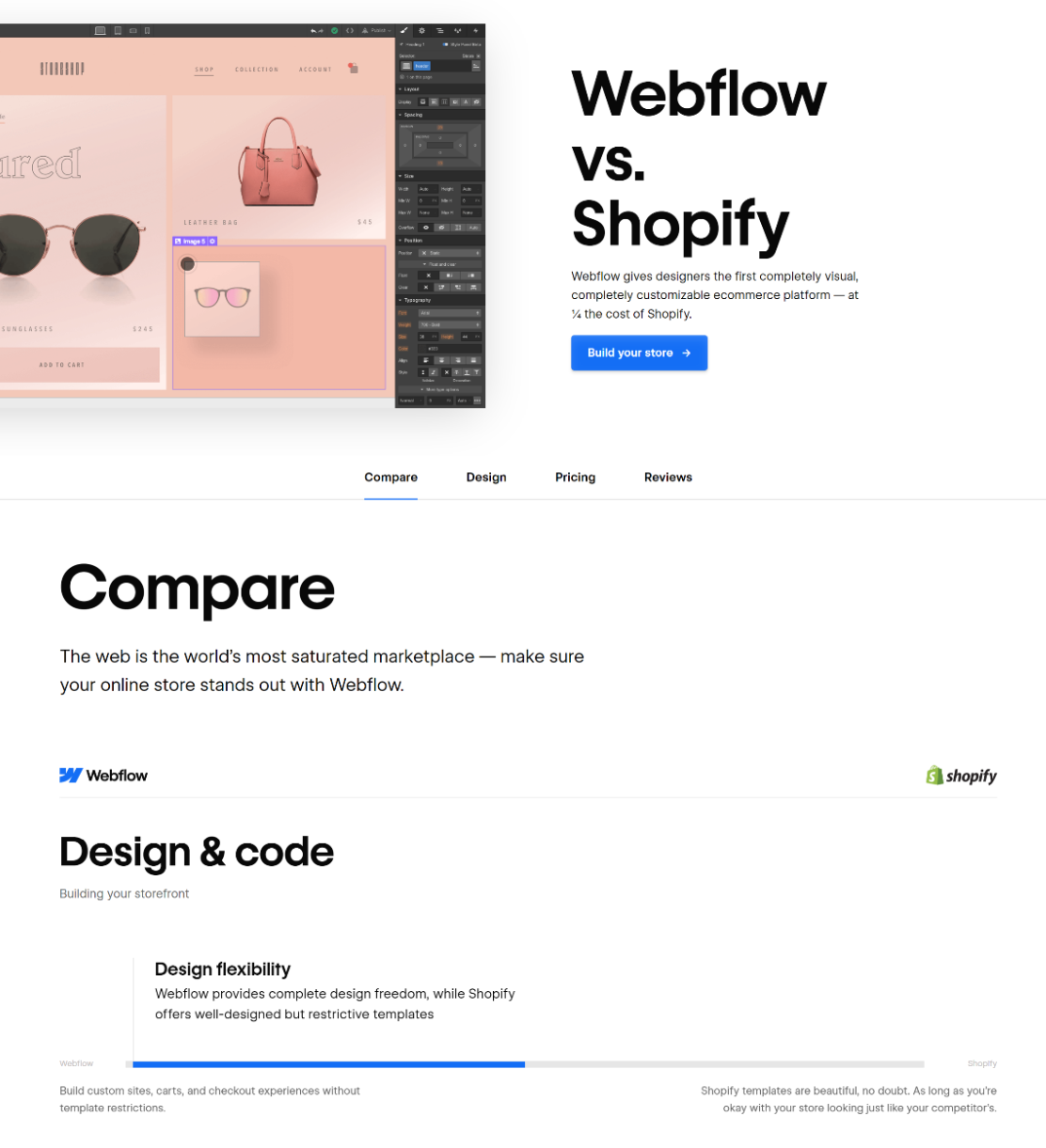 Webflow's "Webflow vs Shopify" examination  page