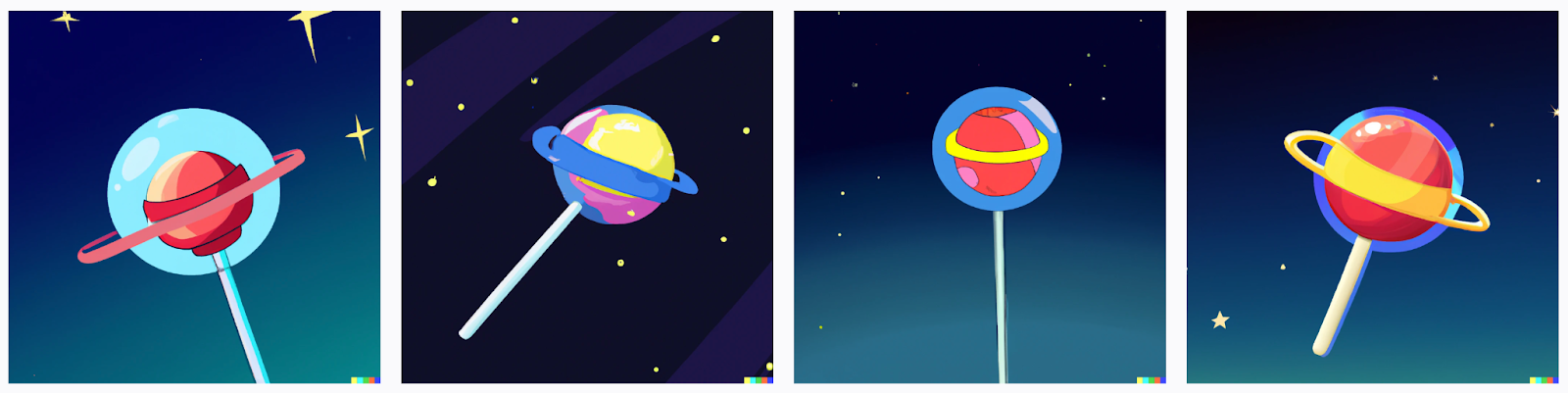 four cartoon drawings of a lollipop in space