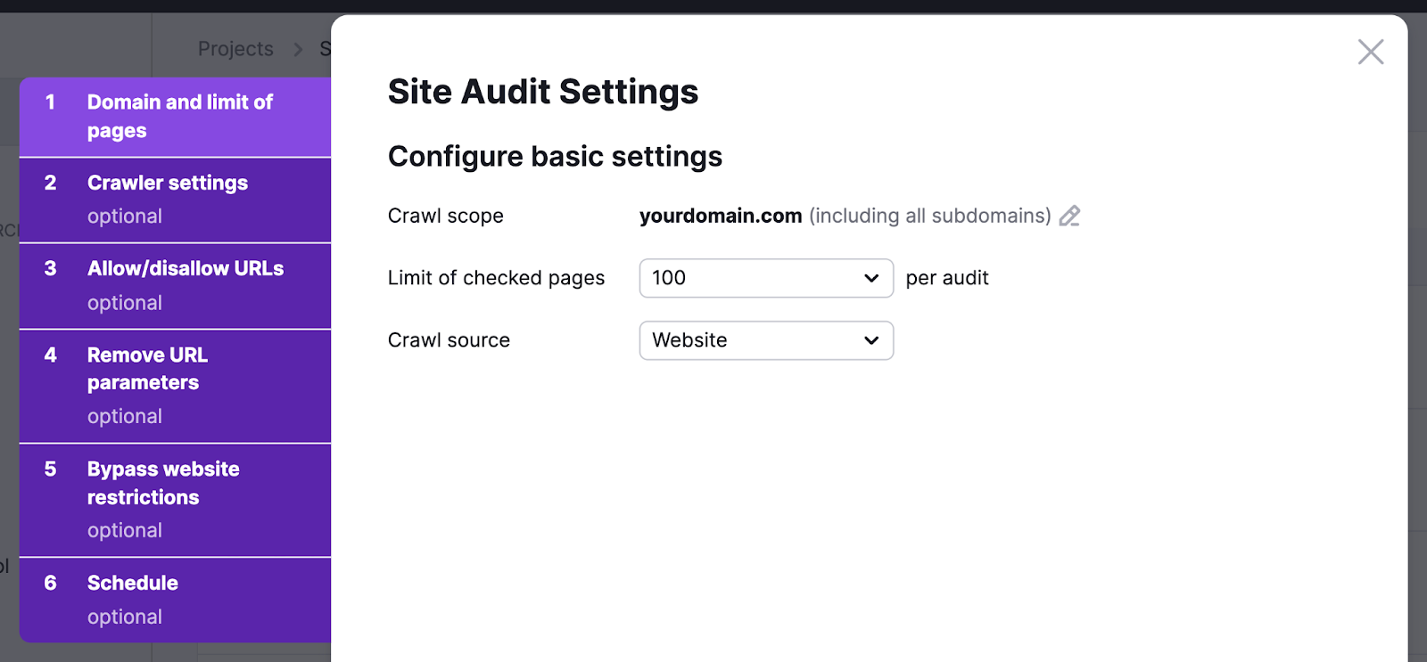 Site Audit instrumentality   basal  settings