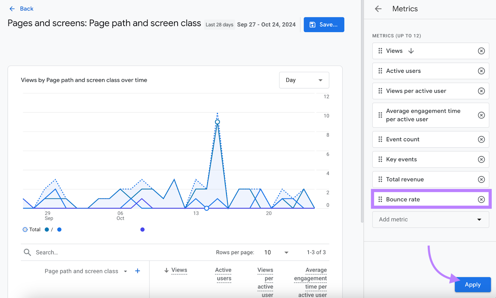 add bounce rate metric to google analytics report