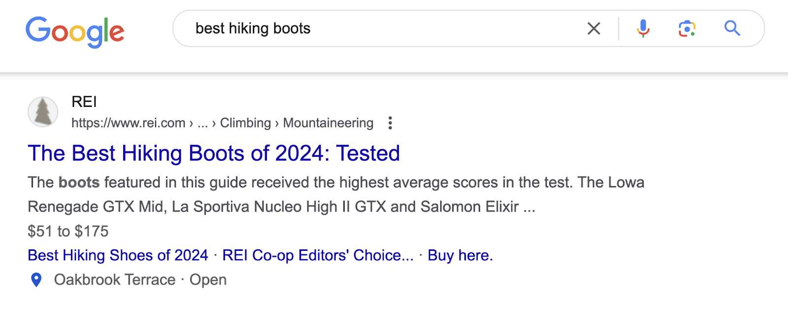 Google's top organic result for "best hiking boots" is REI with a page called "The Best Hiking Boots of 2024: Tested"