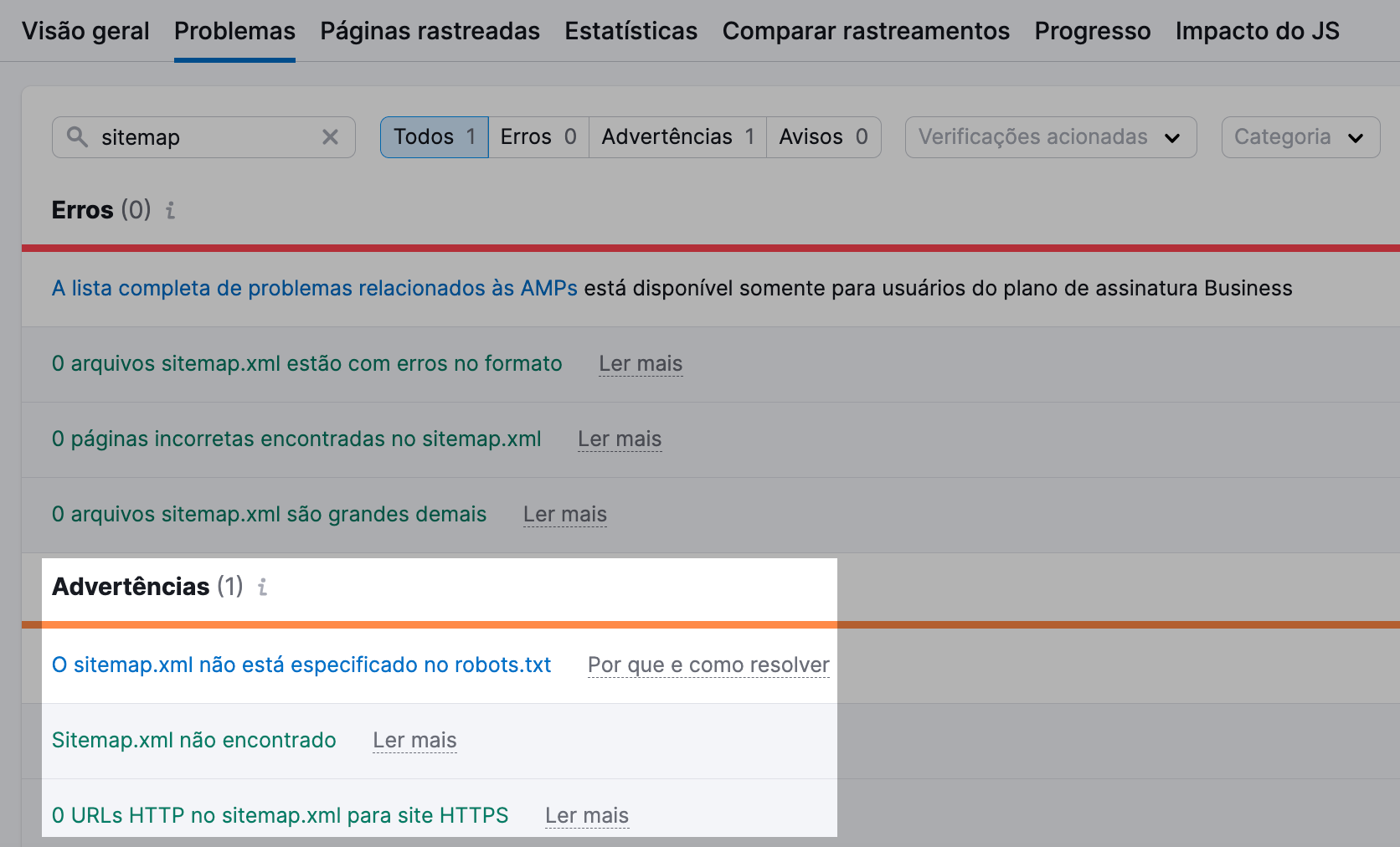 lista de erros e advertências do sitemap