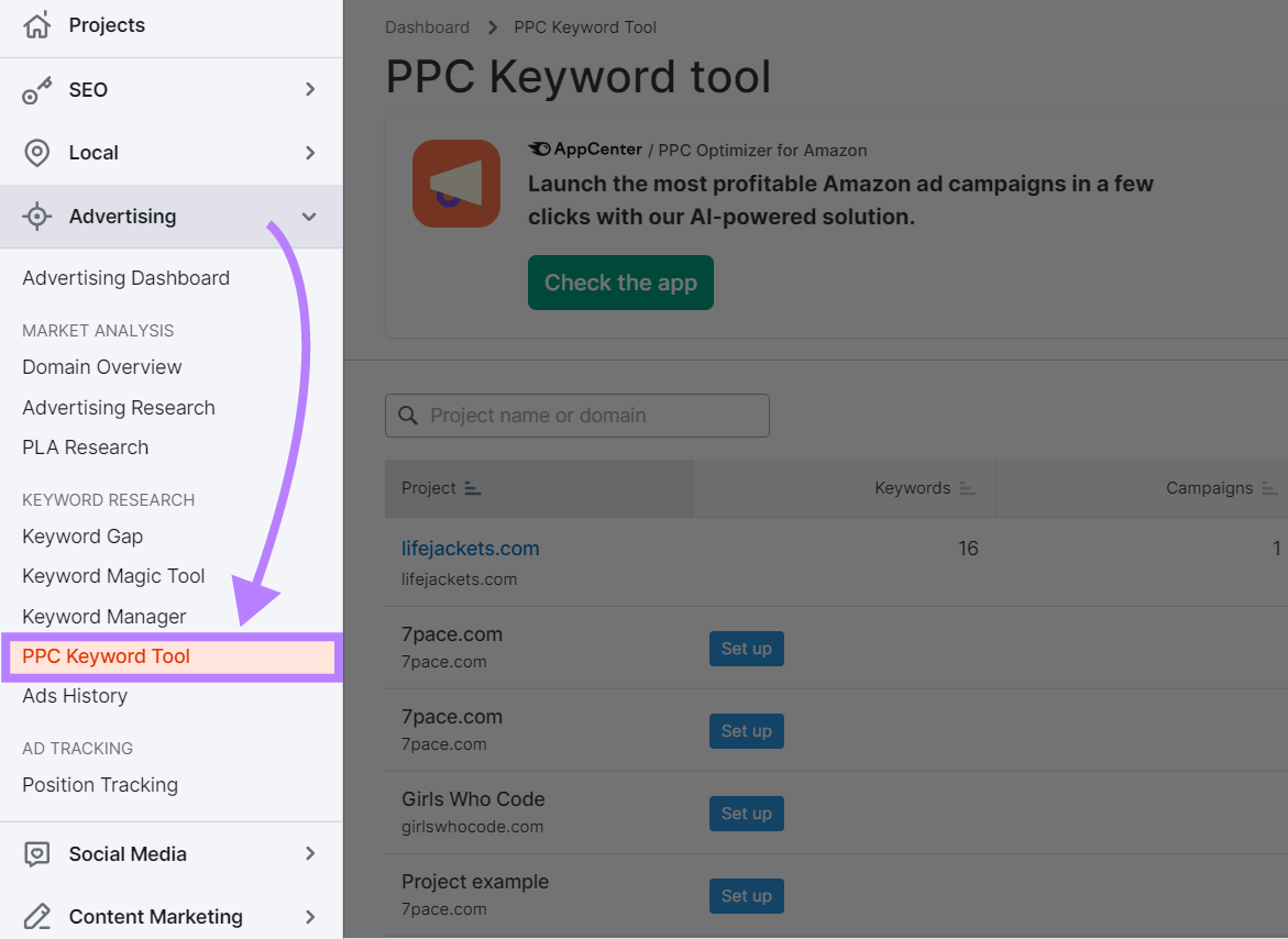 Navigating to "PPC Keyword Tool" in Semrush sidebar