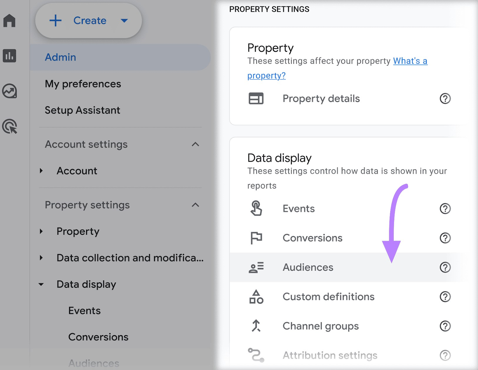 “Audiences" selected under the Property Settings column