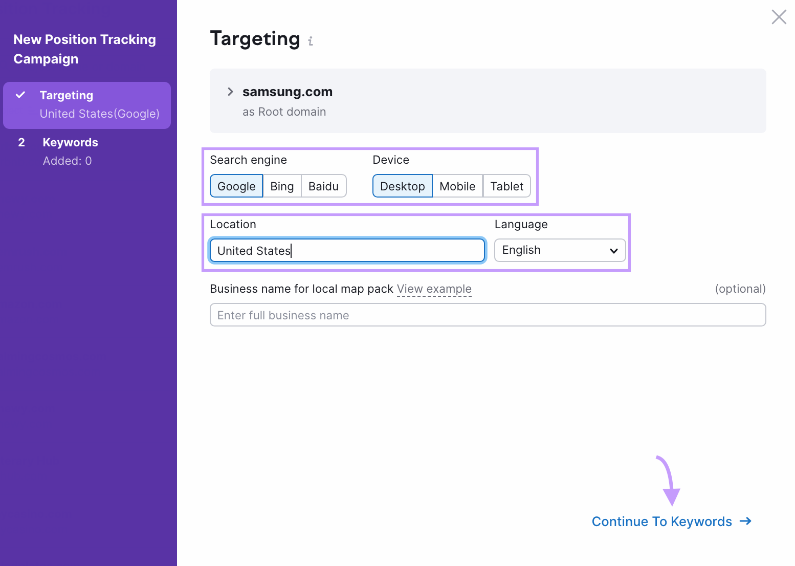 Position tracking campaign setup screen showing targeting options such as search engine, device, location and language.