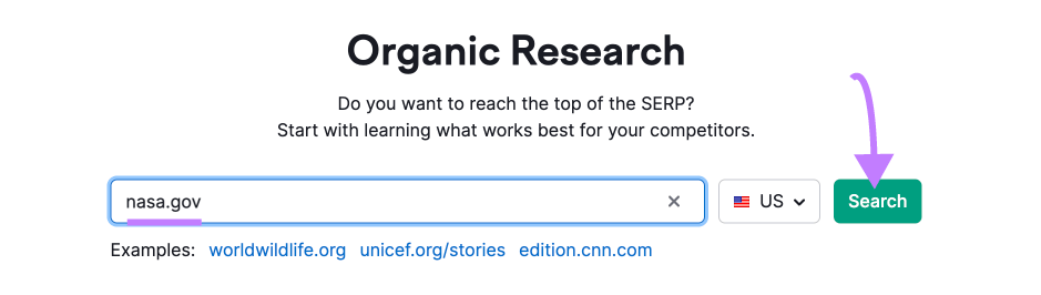 "nasa.gov" entered into the Organic Research search bar