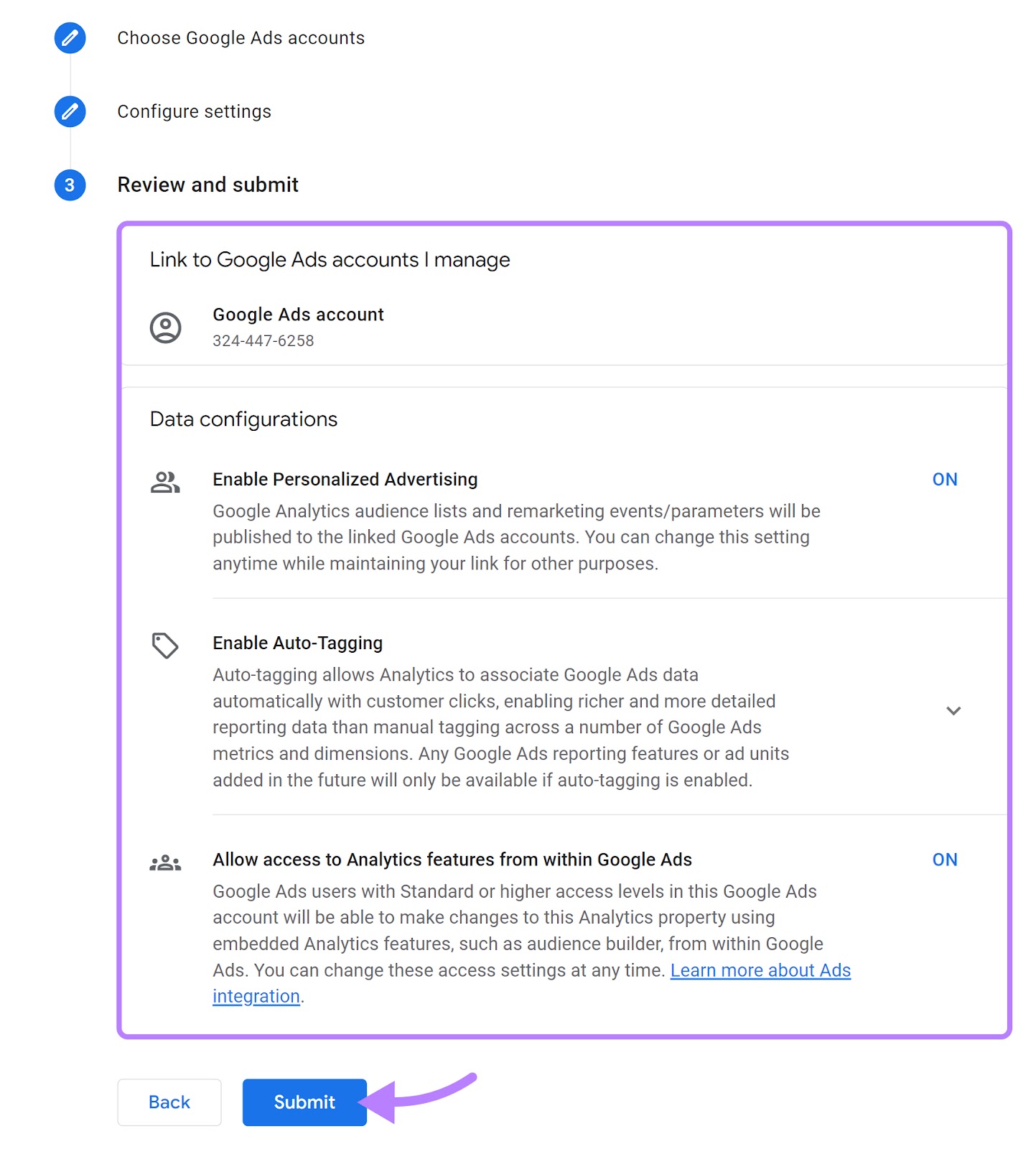 Configure the settings to link to Google Ads accounts