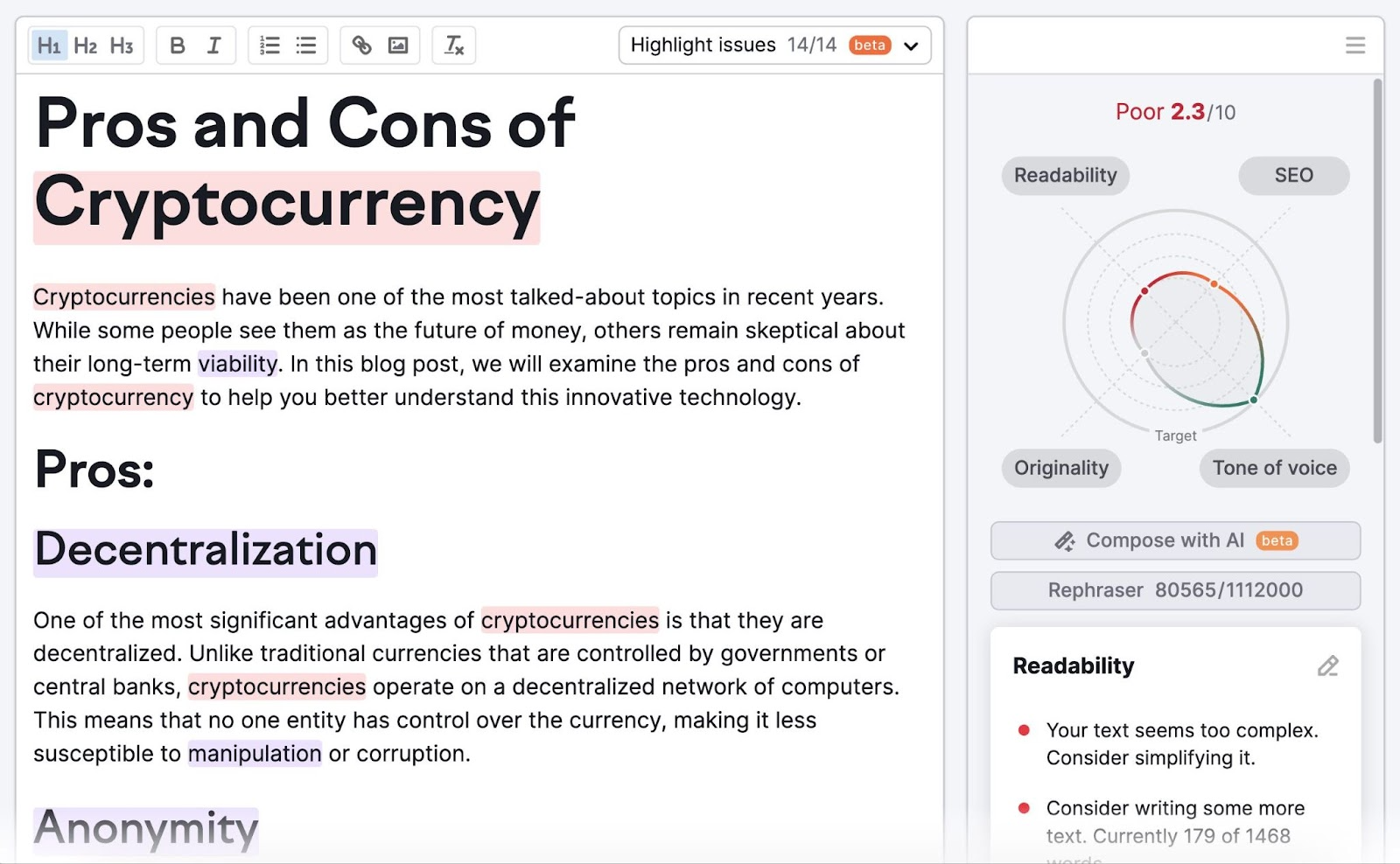 Writing about cryptocurrency in Semrush’s SEO Writing Assistant