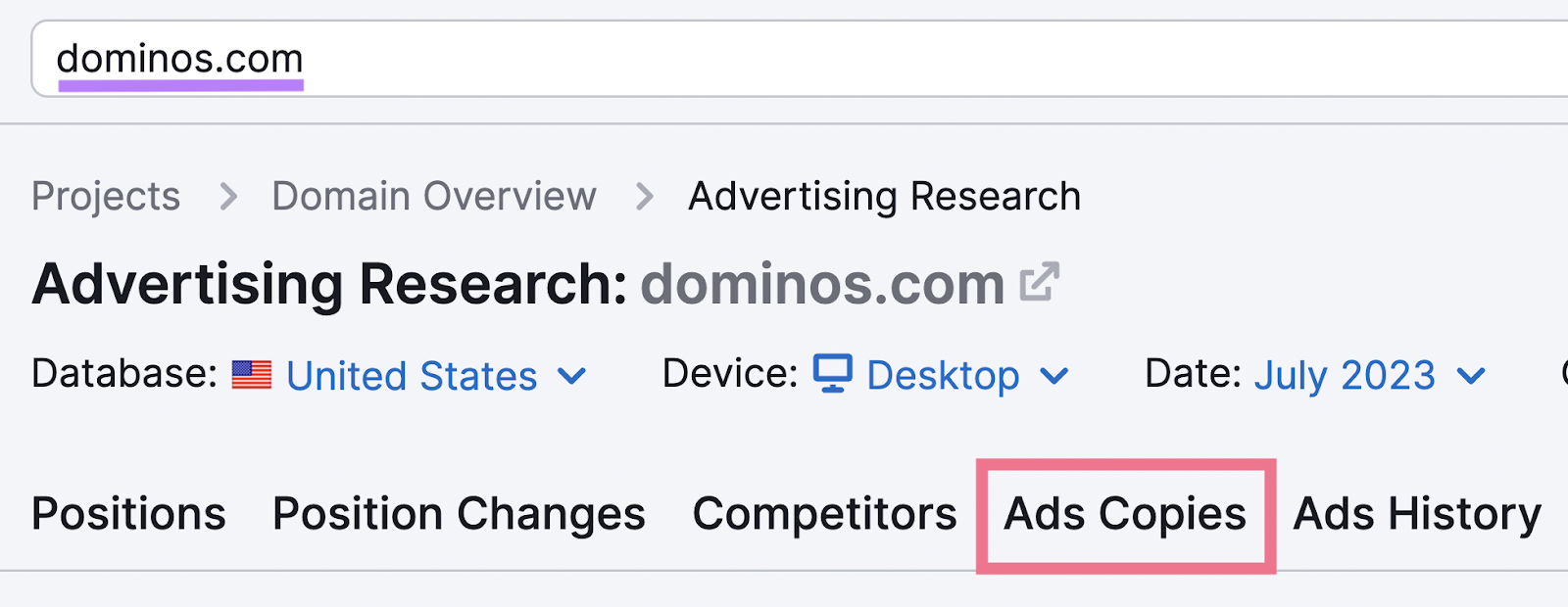 an example of sear،g for "dominos.com" in the “Ads Copies” tab in the Advertising Research tool