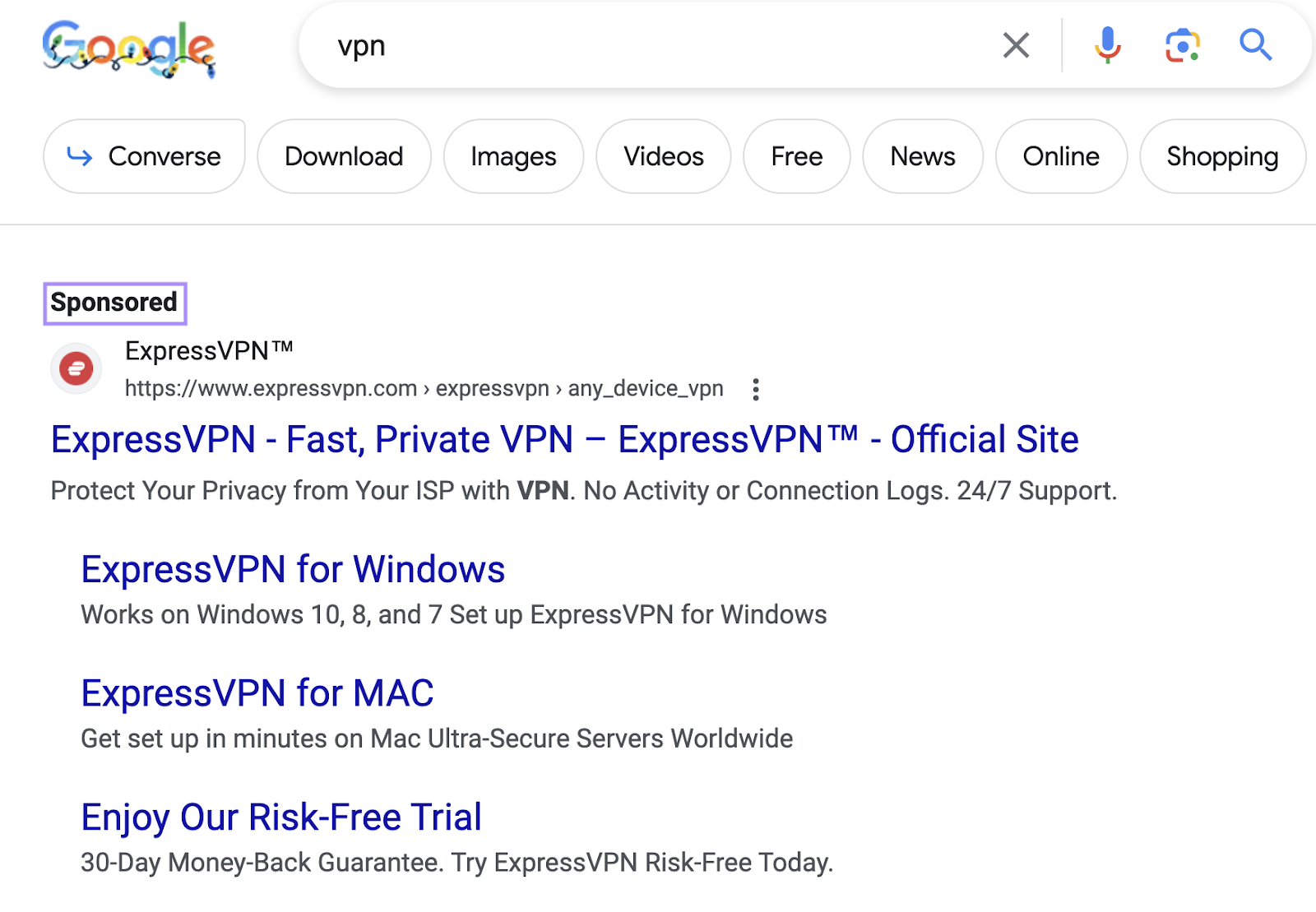 ExpressVPN's PPC advertisement  connected  Google for the hunt  word  "vpn"