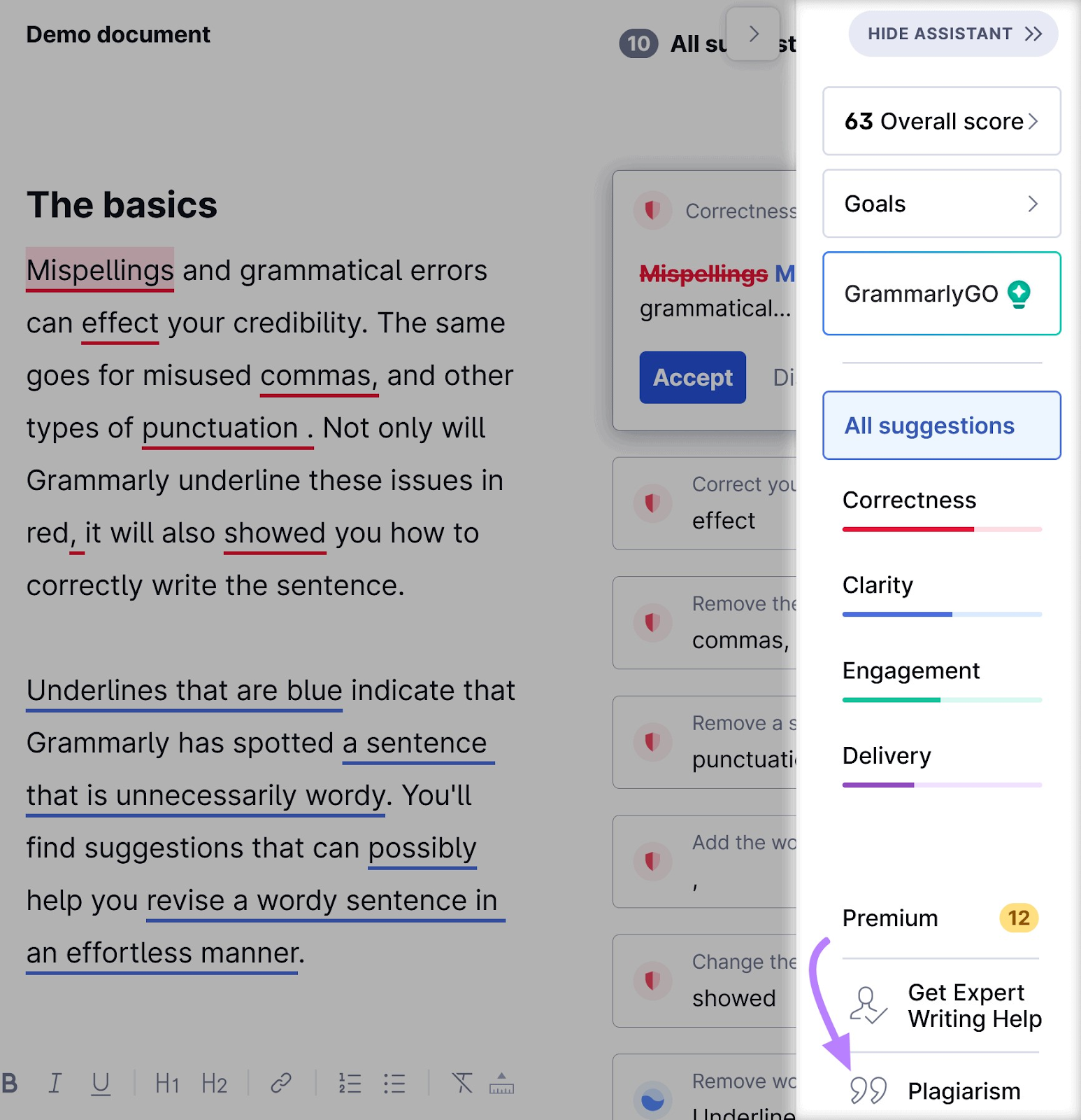 Grammarly document with “Plagiarism” button highlighted