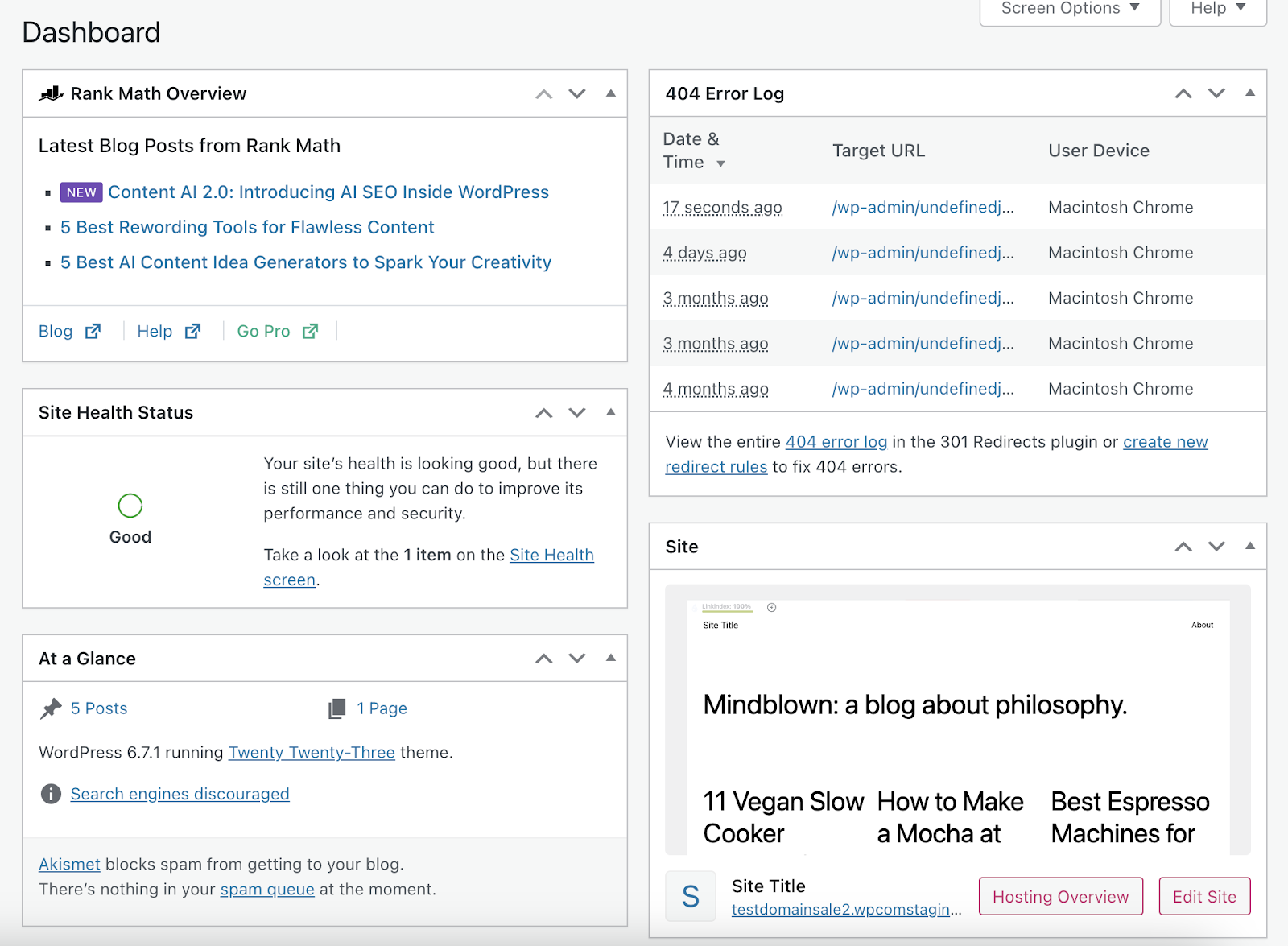WordPress blogging platform dashboard shows site health status, 404 error log, content at a glance, and more views from plugins.
