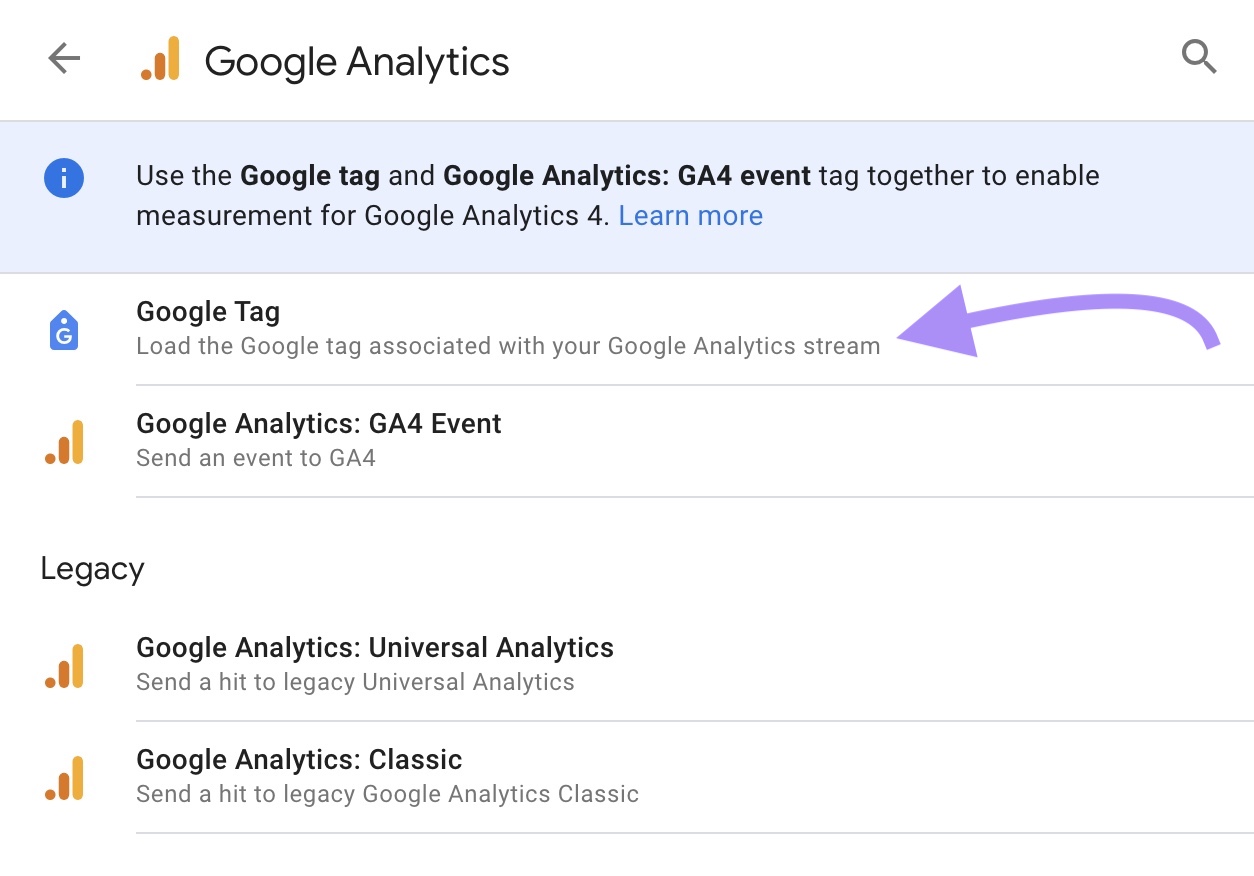 Opción "Google Tag" seleccionada