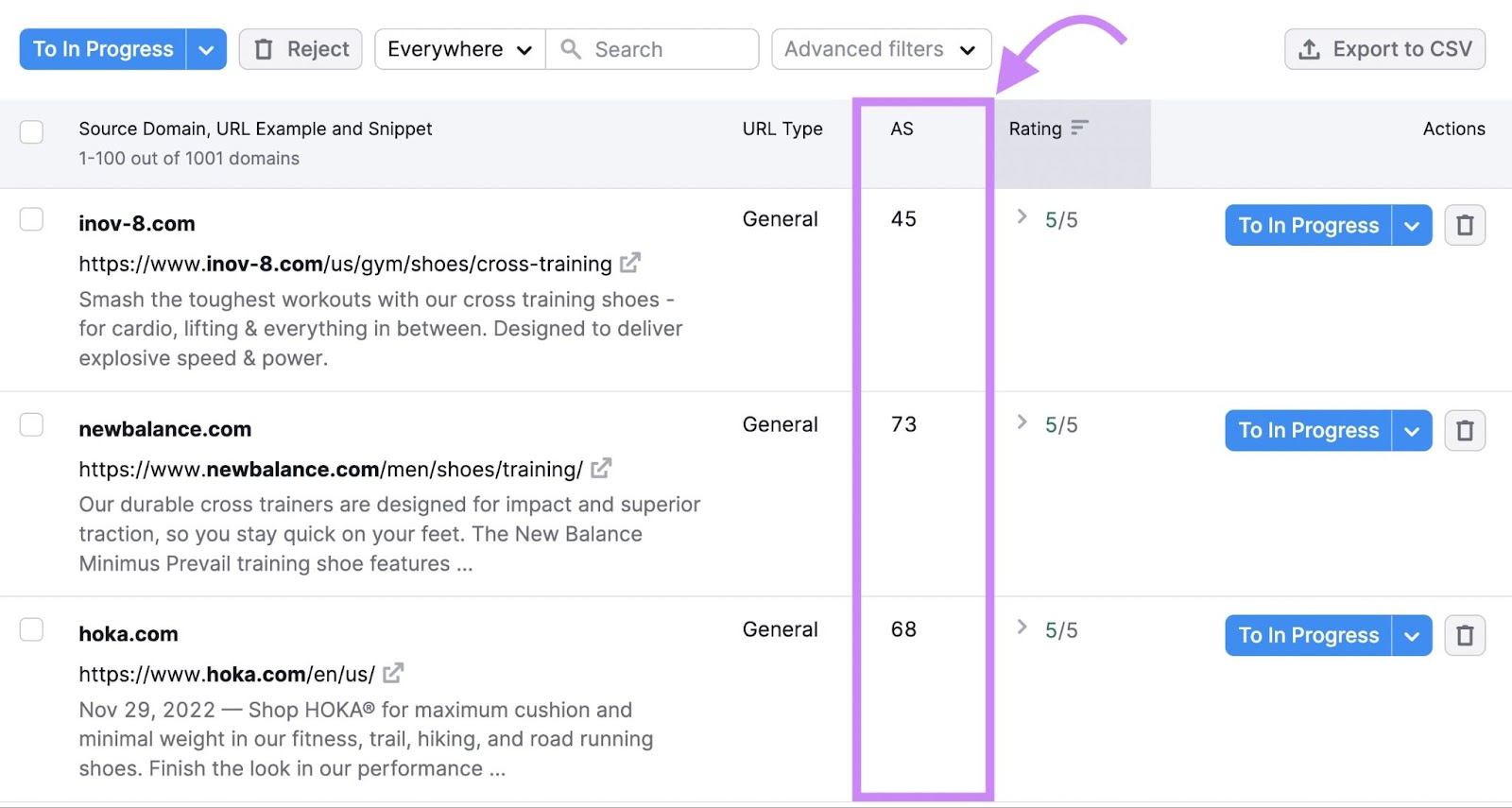 A list of prospects in the Link Building Tool with the "AS" metric highlighted