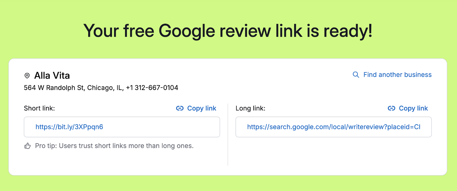 short and long link that directs to the Google reviews page