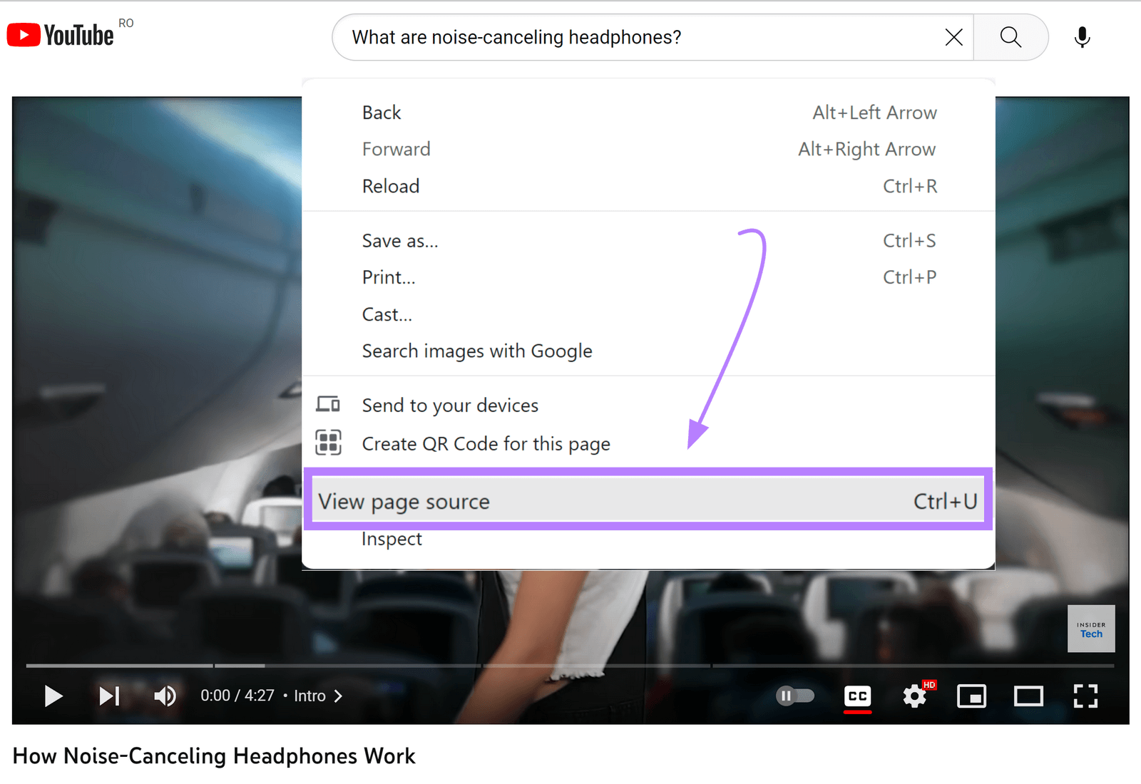 “View page source” option shown for a YouTube video.
