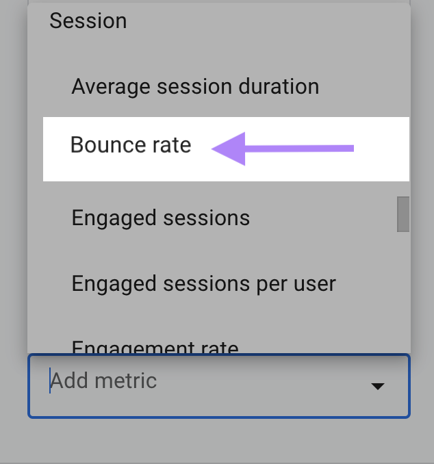 “Bounce rate” button highlighted in the menu