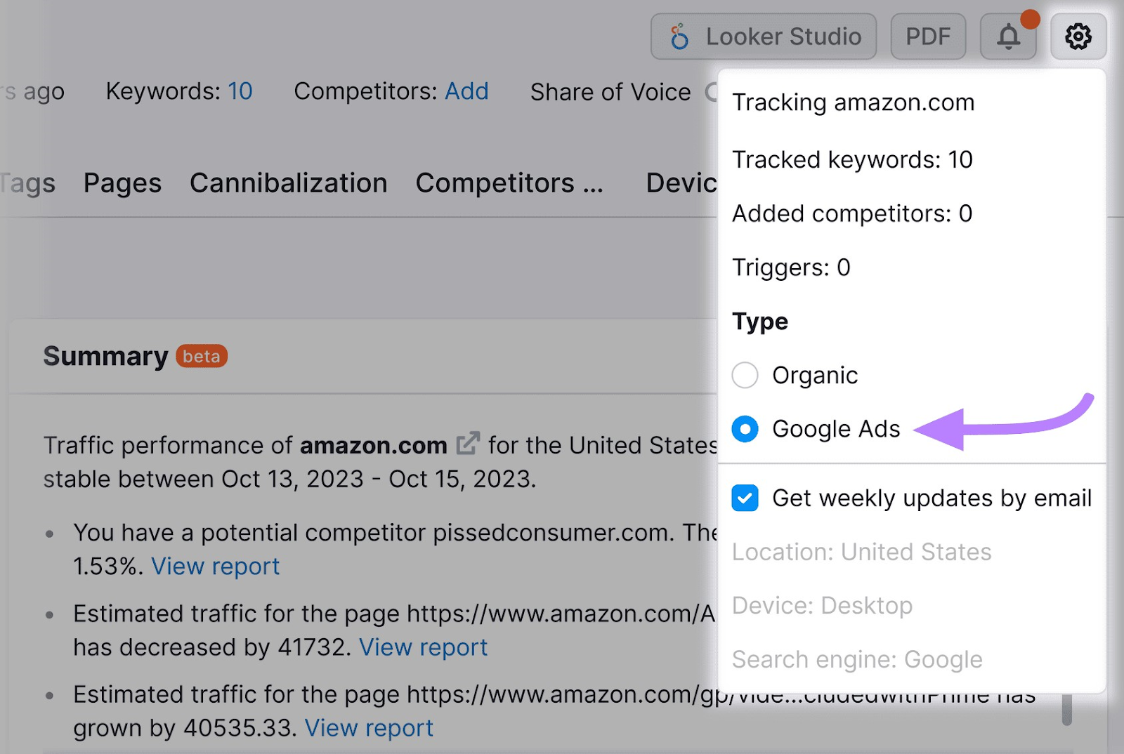 "Google Ads" selected from the Position Tracking settings menu