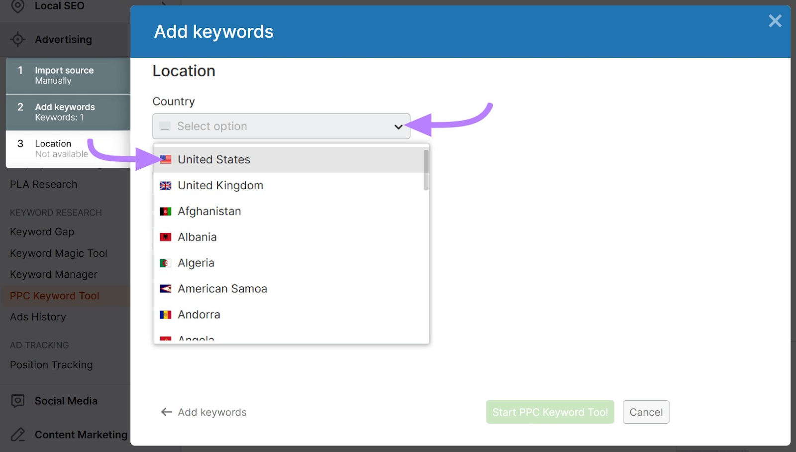 “Country” drop-down menu under "Location" section