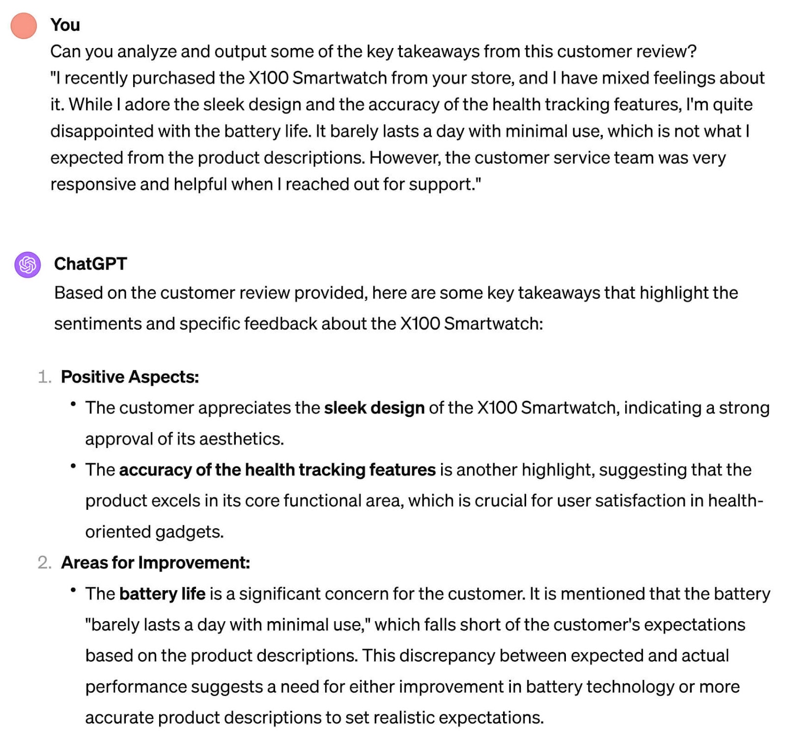 A prompt asking ChatGPT to analyze a given customer review