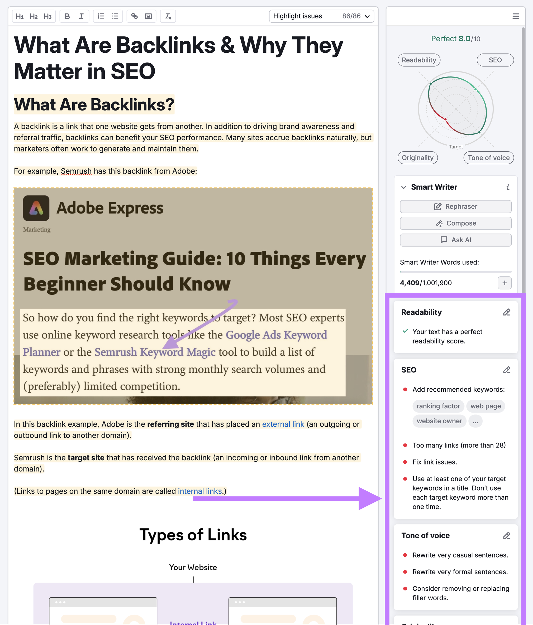 recommendations in SEO Writing Assistant to improve readability, SEO, and tone of voice