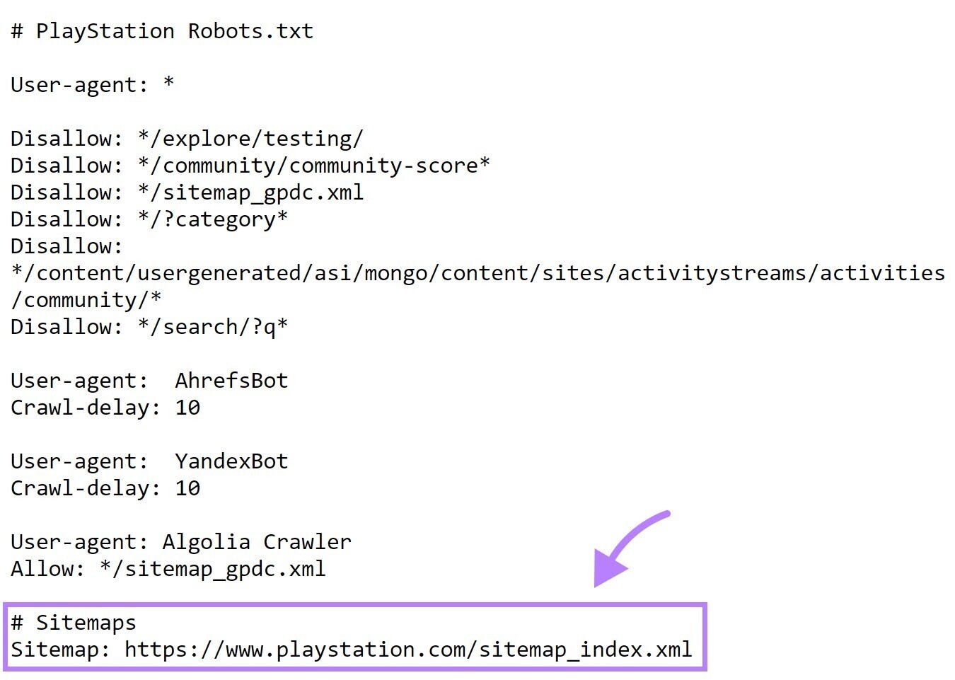 an example of accessing robots.txt file through "yoursite.com/robots.txt" URL