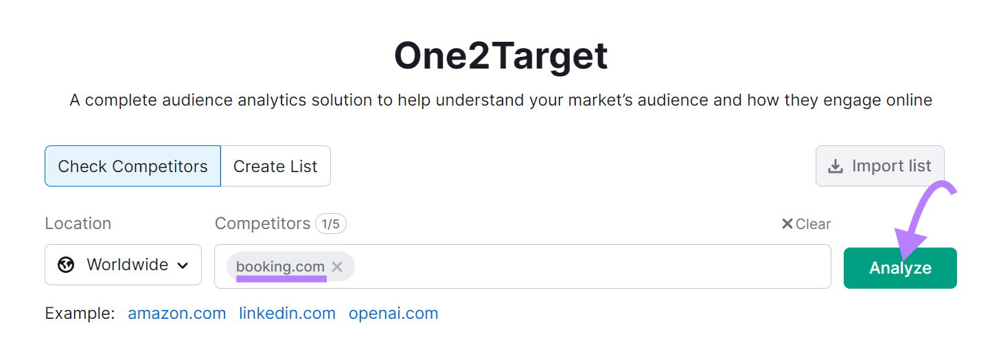 "booking.com" entered into the One2Target tool
