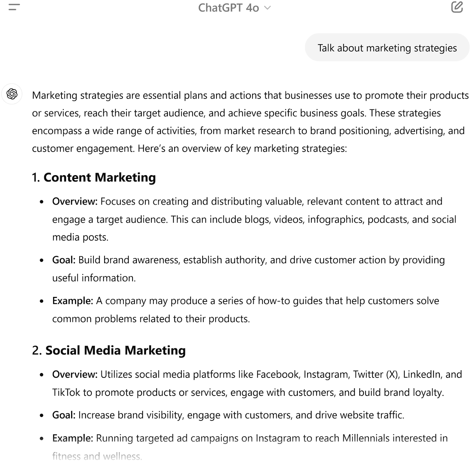 ChatGPT interface displaying a response to a broad prompt, listing key elements for effective marketing strategies