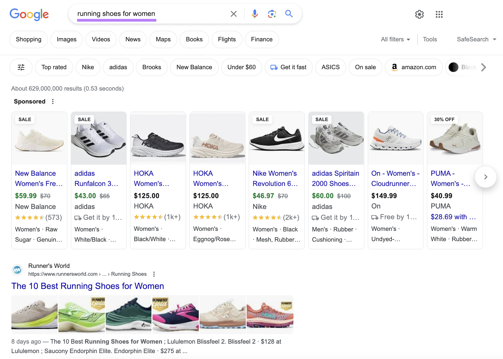 Google's SERP for "running shoes for women"