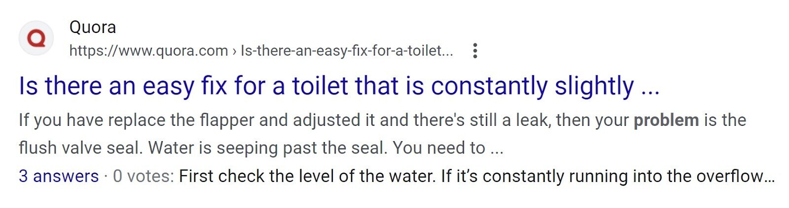 Quora's page ranking third for “how to fix running toilet” in Google