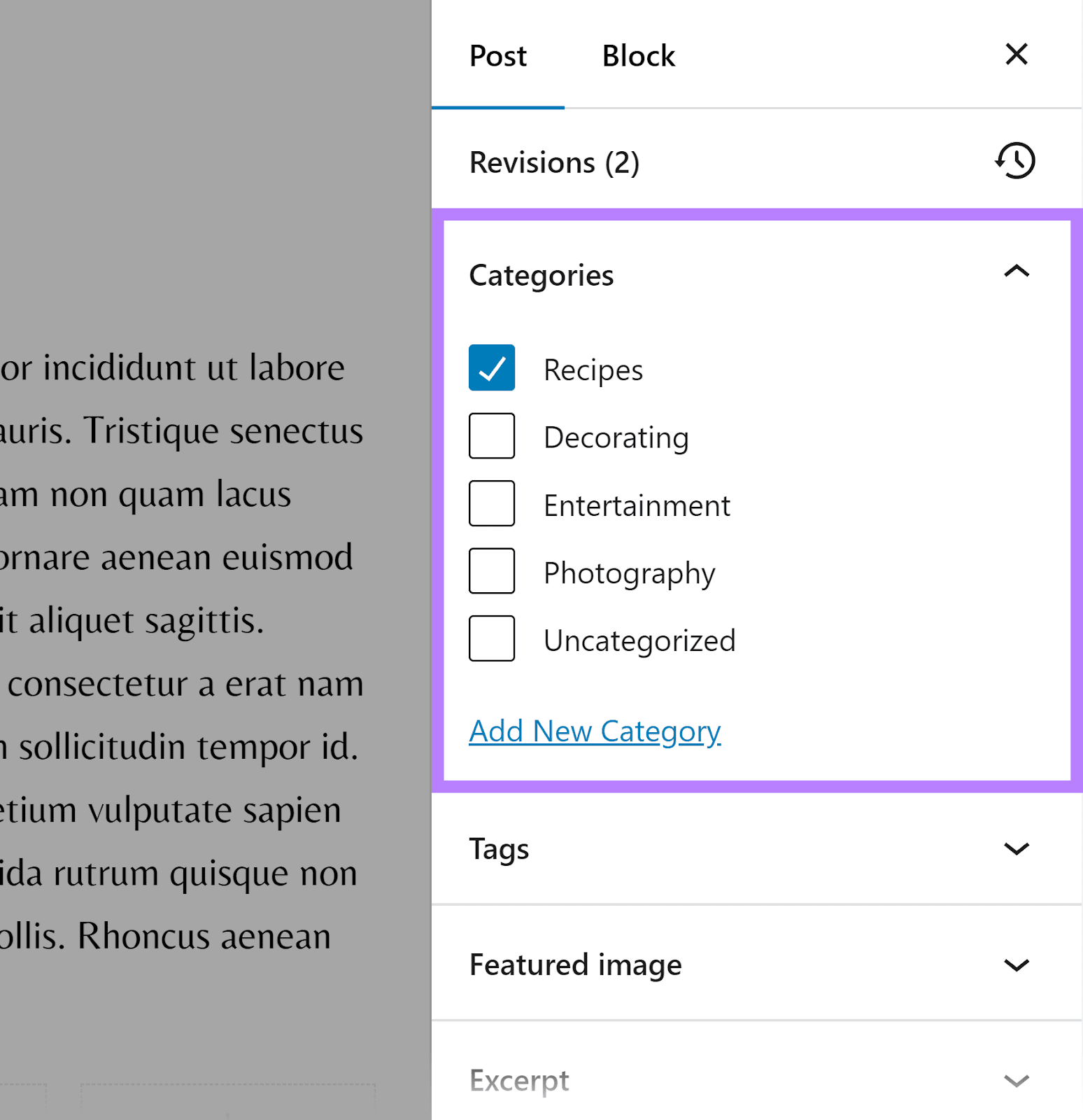 Categories drop-down in the WordPress post editor