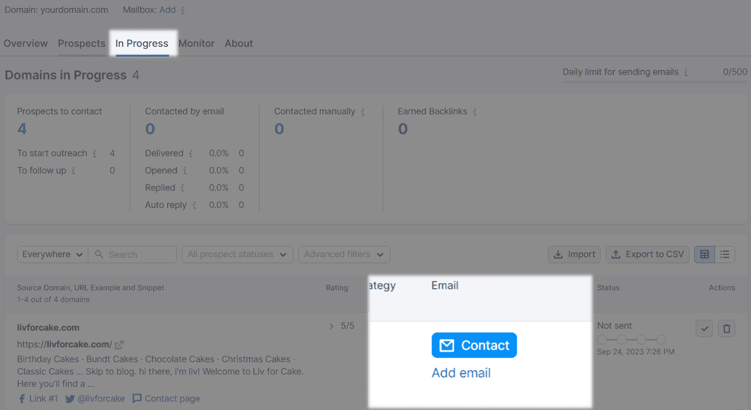 “Contact” button highlighted in “In Progress” tab