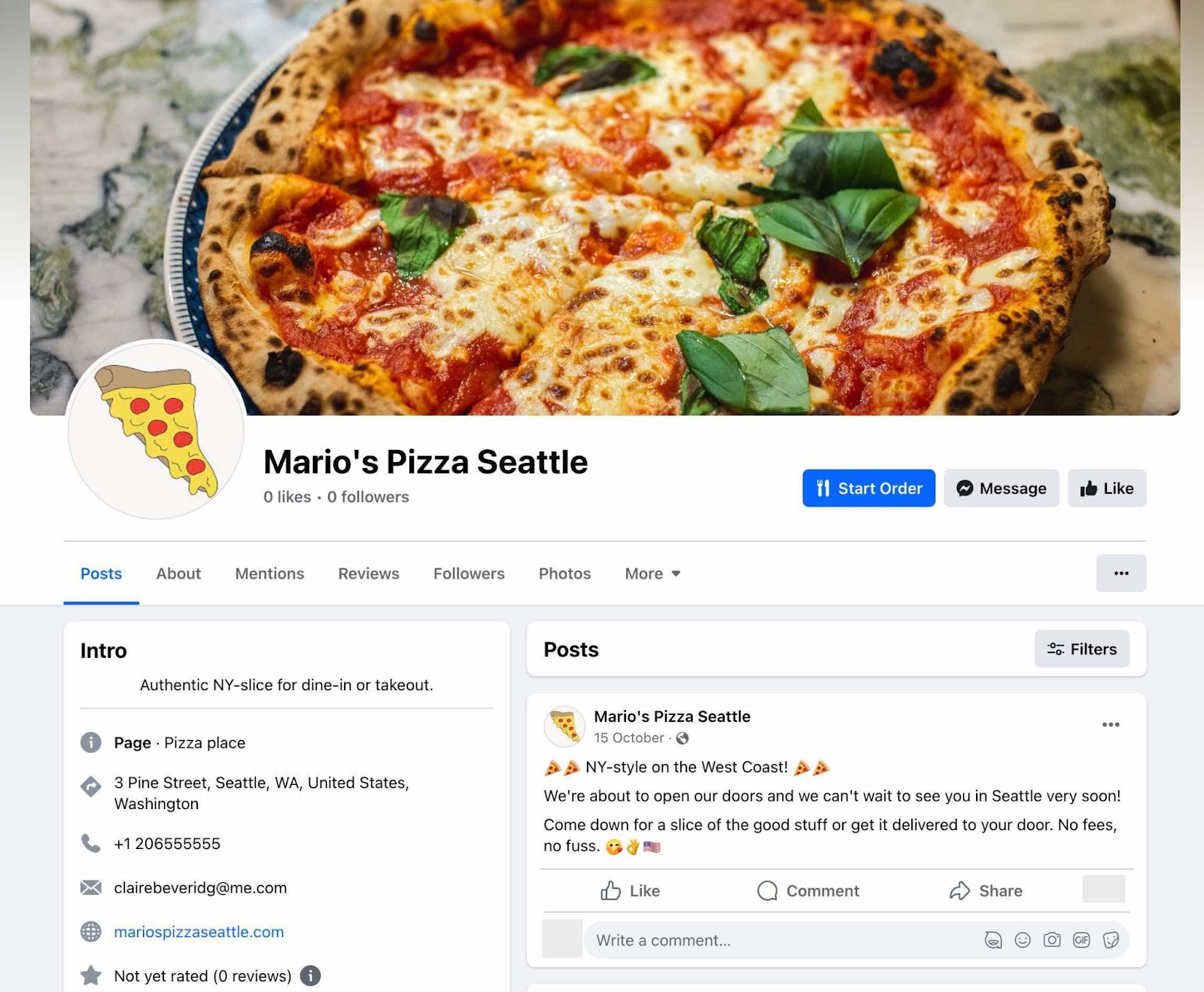 Mario's Pizza Seattle Facebook page