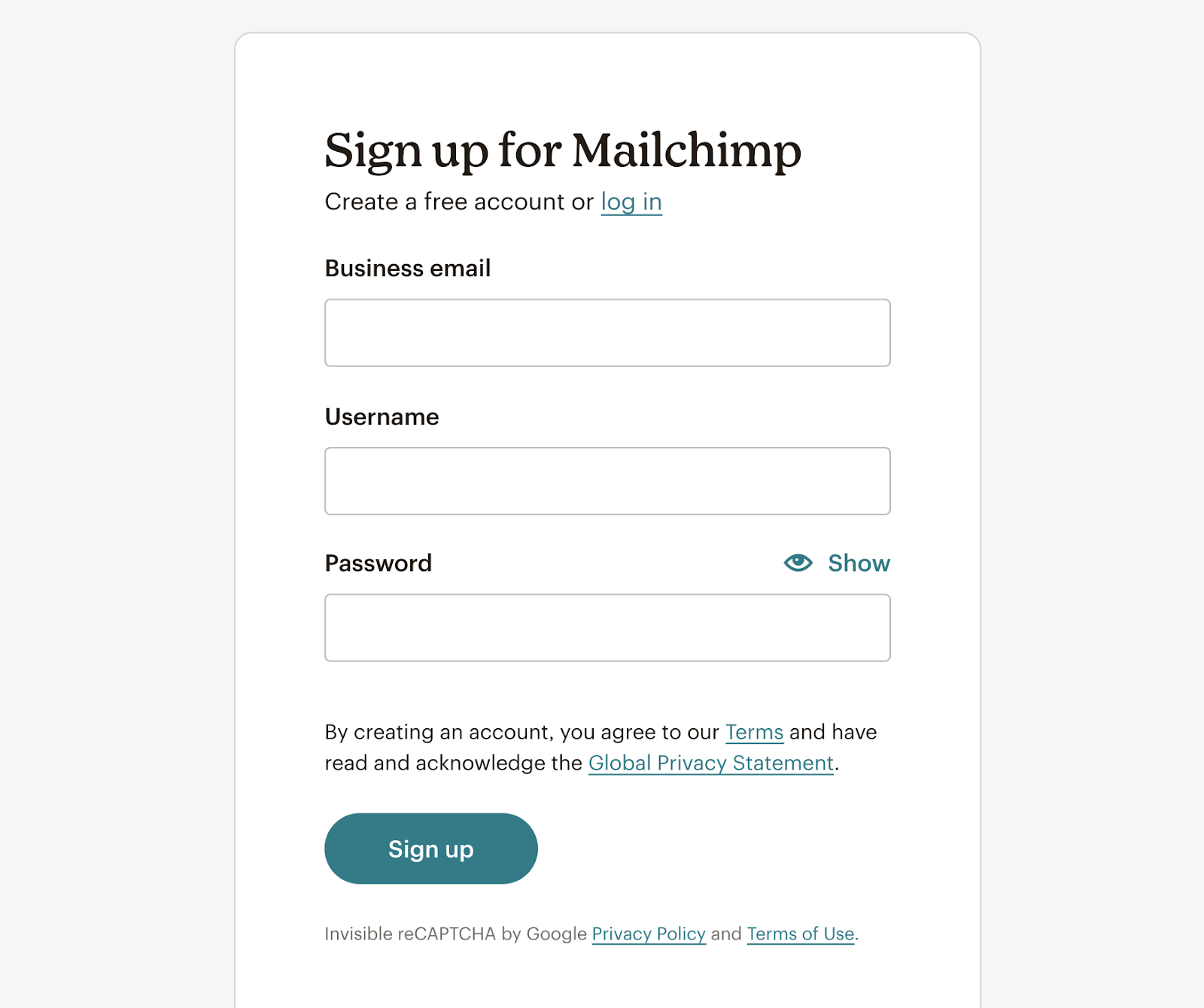 Mailchimp's motion   up   landing leafage   includes concern  email, username, and password fields