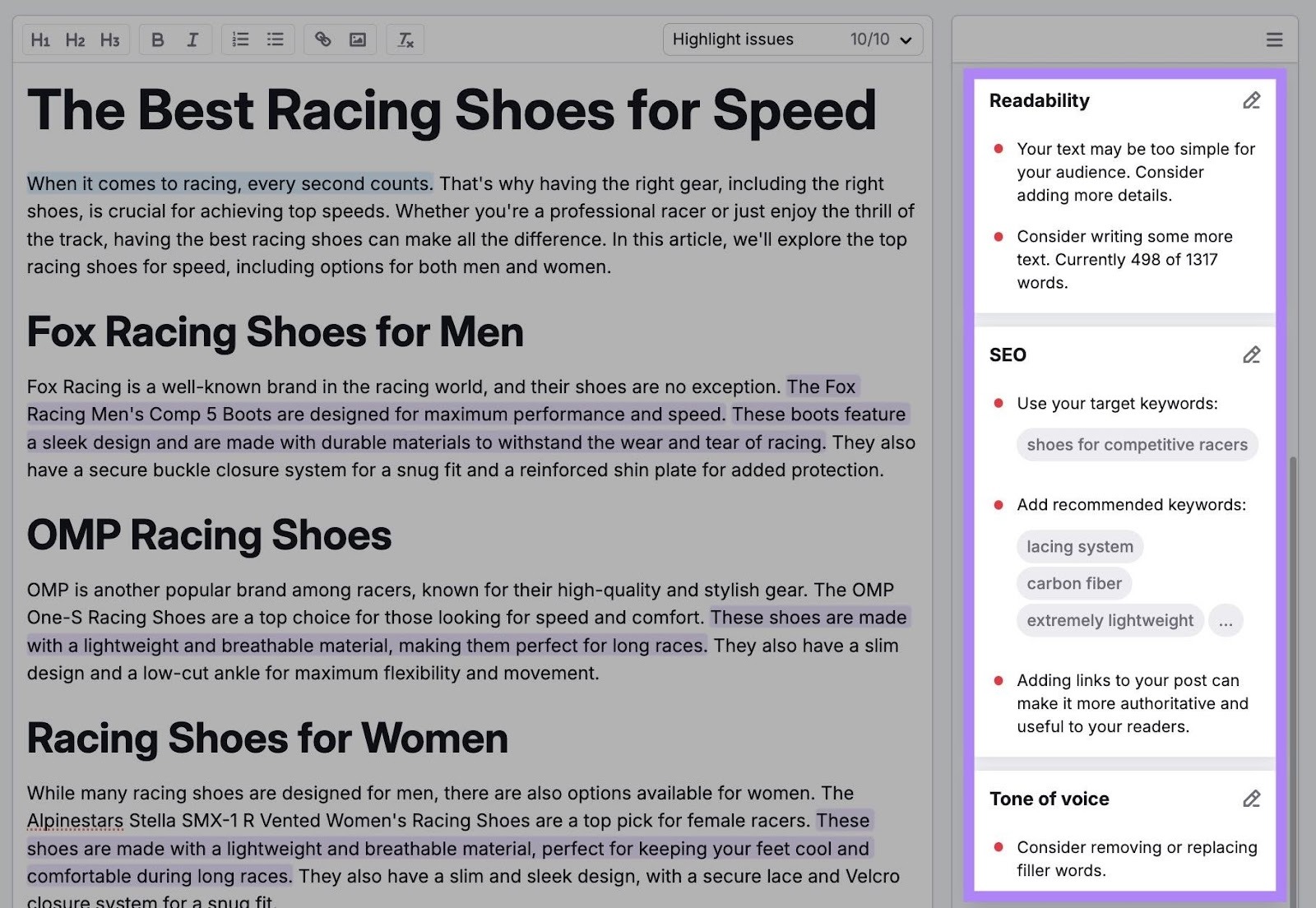 Recomendações de conteúdo categorizadas por legibilidade, SEO, tom, etc., no Assistente de Escrita do Semrush.