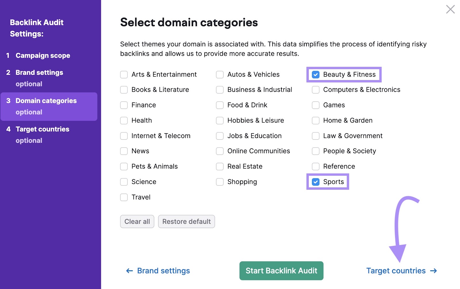 "Select domain categories" window in Backlink Audit settings