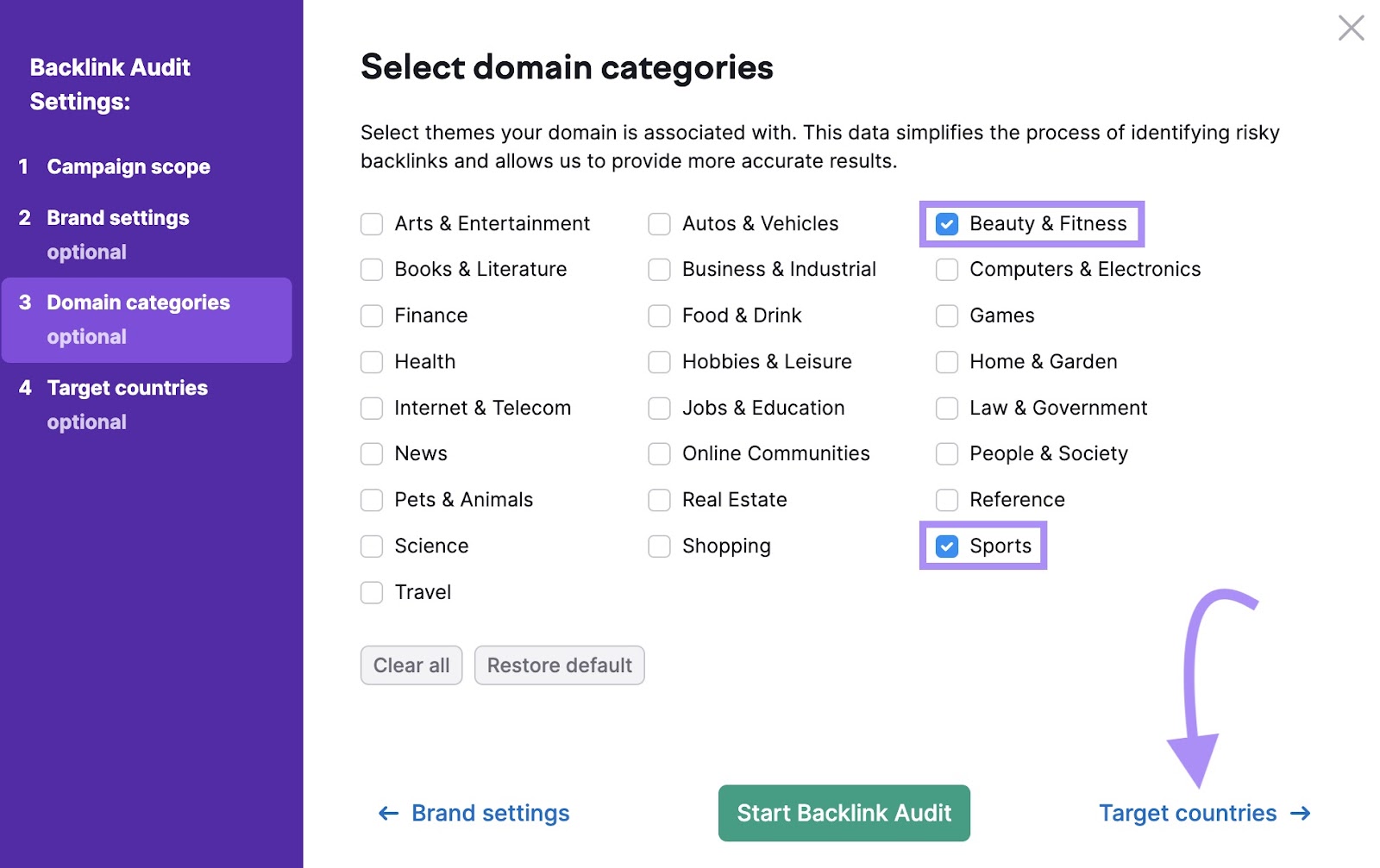 "Select domain categories" model   successful  Backlink Audit settings