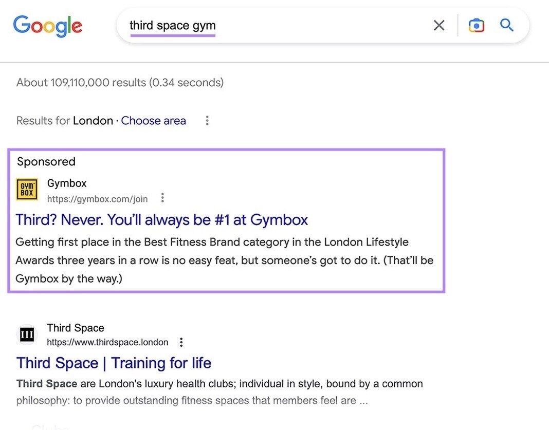 Google SERP for "third space gym" search shows Gymbox PPC ad as the first result