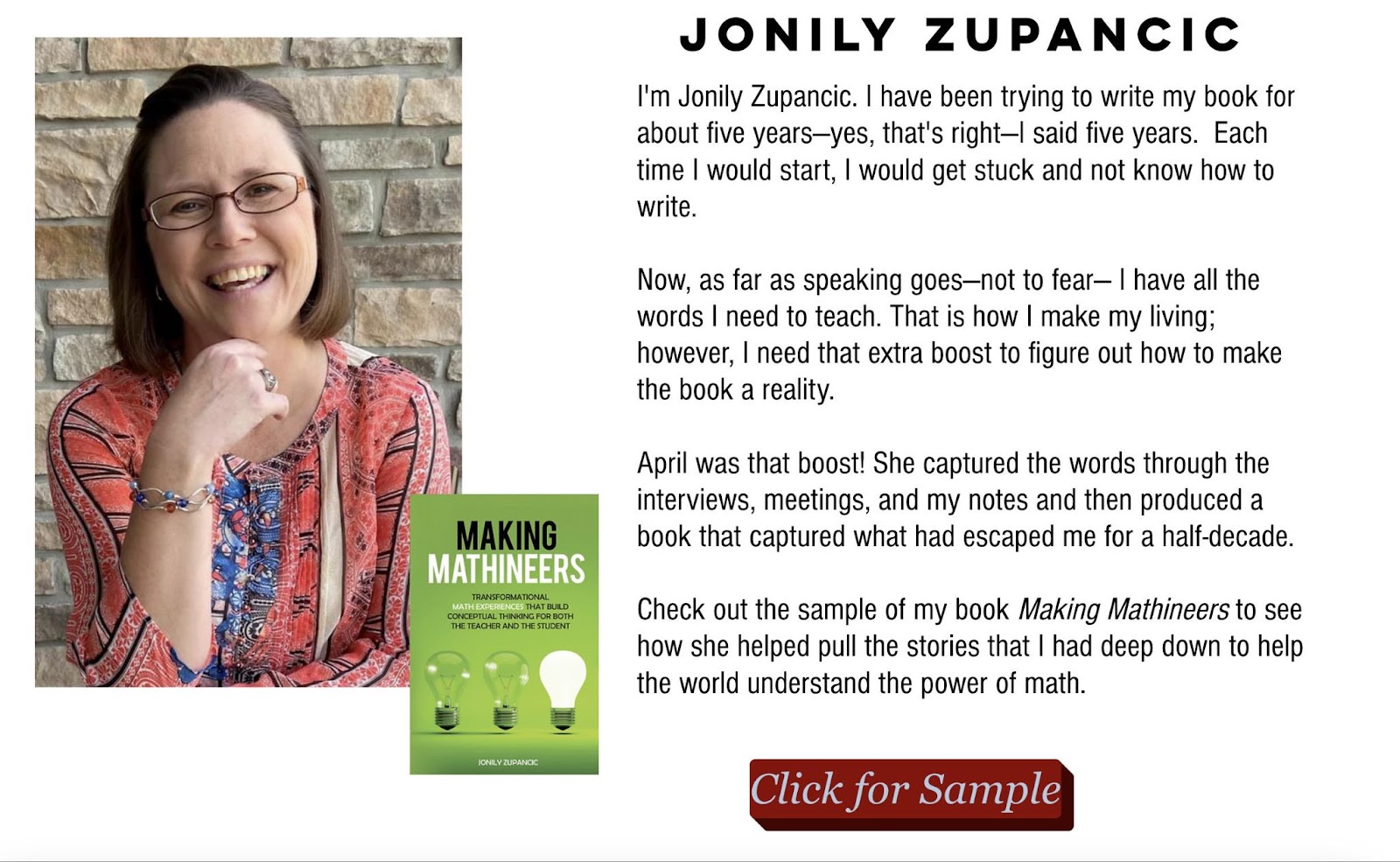 Jonily Zupancic's testimonial connected  April Tribe Giauque's publication  ghostwriting