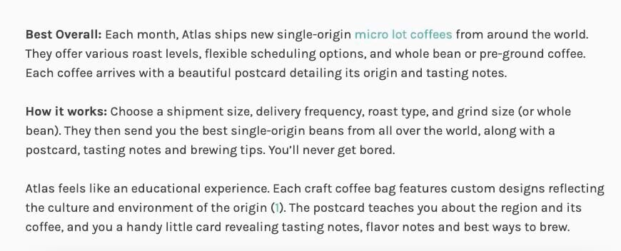 A section from Homegrounds homepage explaining why they think Atlas Coffee Club is great.