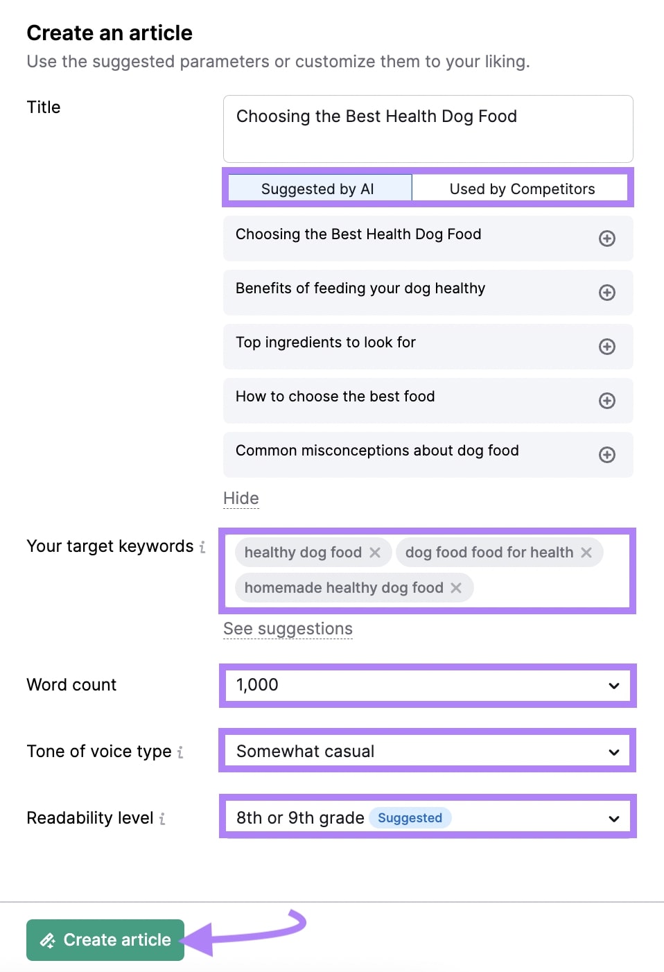Selecting target keywords, word count, tone of voice type and readability for a healthy dog food article in ContentShake AI