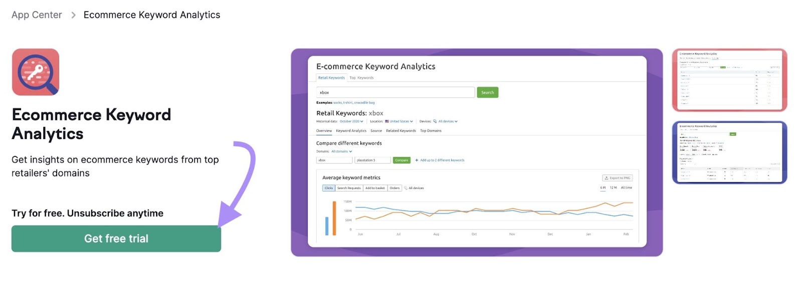 "Get free trial" with Ecommerce Keywords Analytics