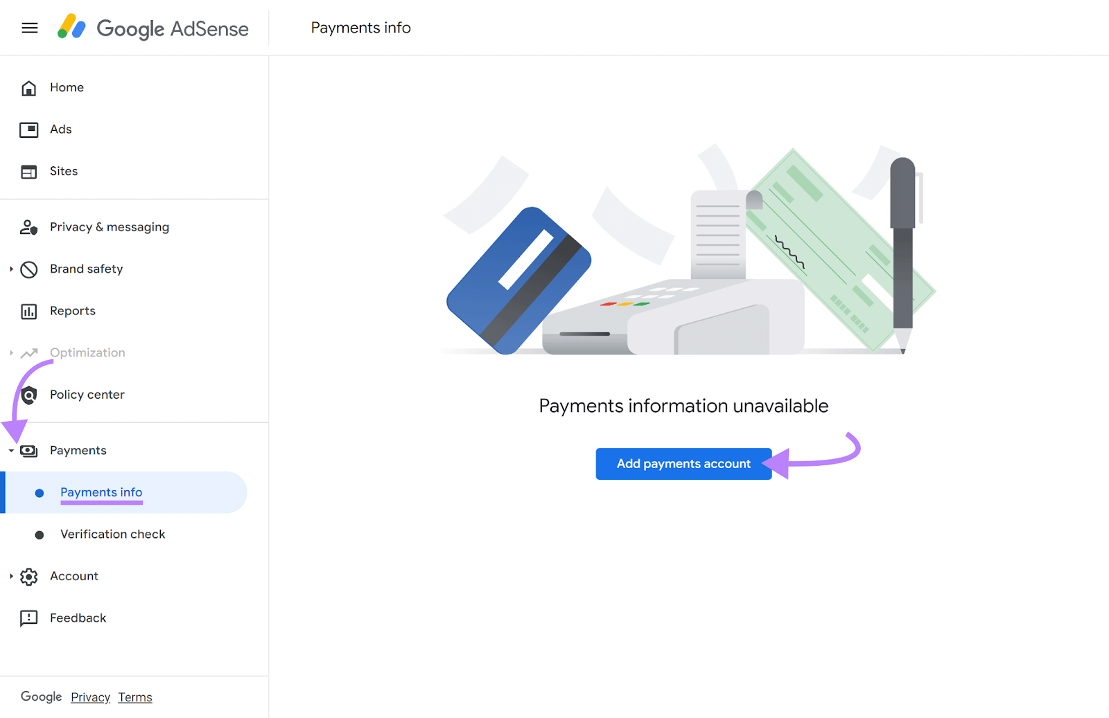 Payments info selected and arrow pointing to Add payments relationship  button