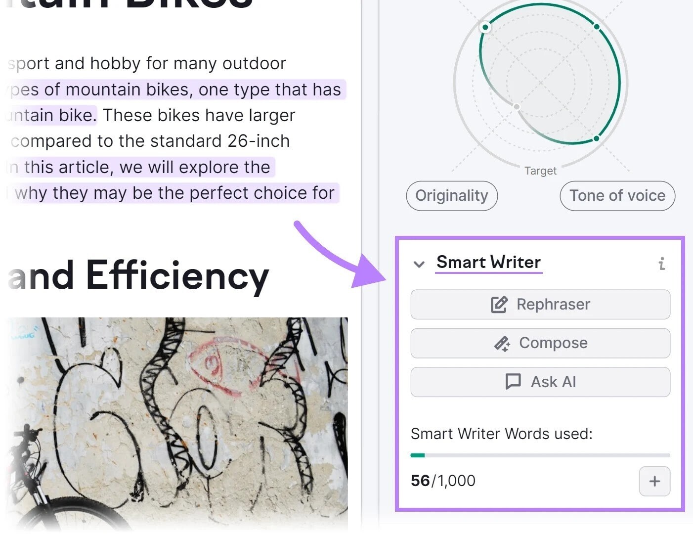 Outils Smart Writer mis en évidence dans SEO Writing Assistant