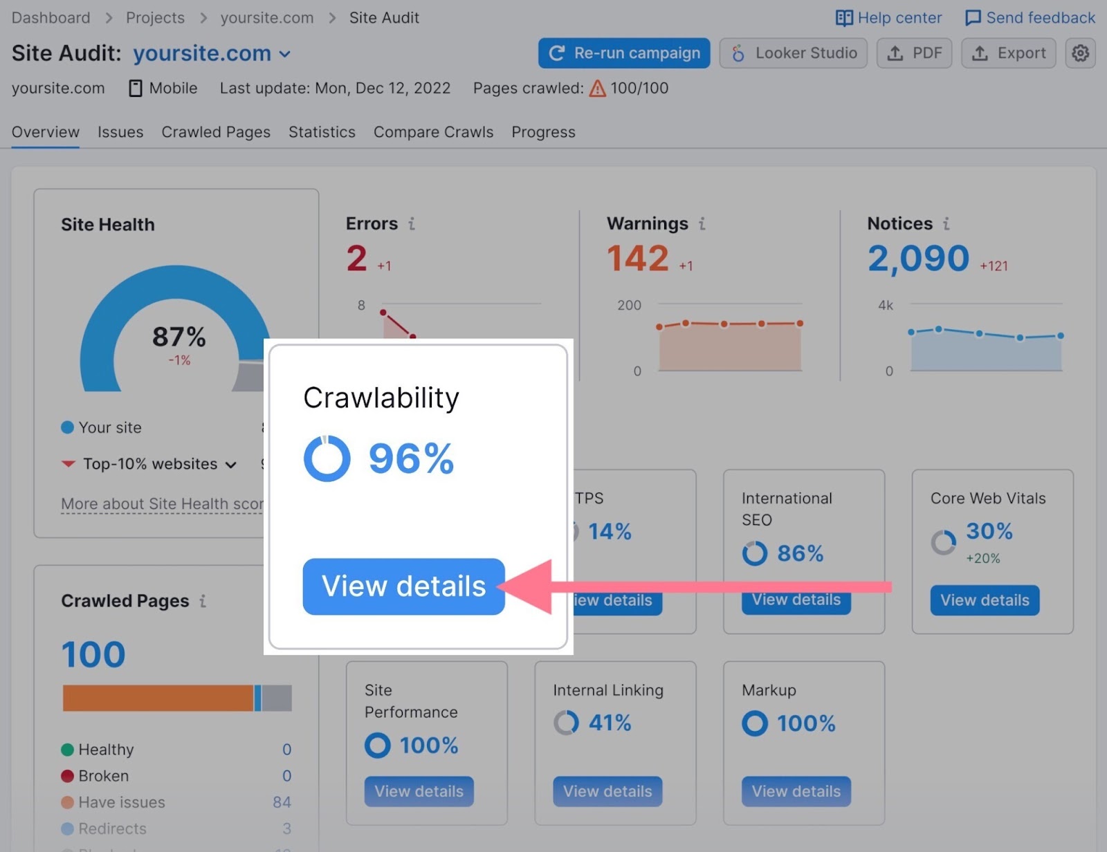 "View details" button highlighted in the "Crawlability" section of the Site Audit tool